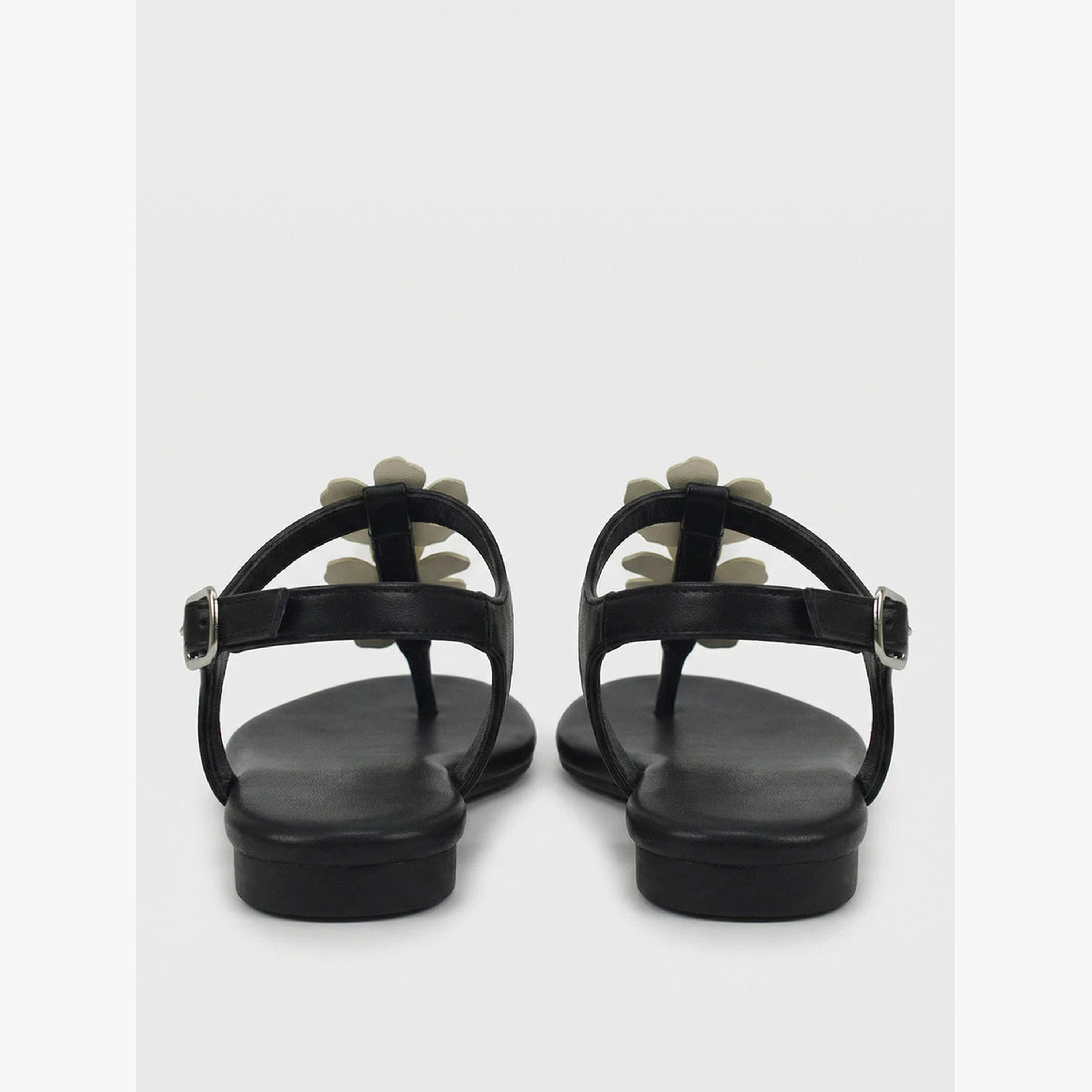 Styli Black Floral Applique Flat Sandals-women-shoes-sandals-flats-image-5