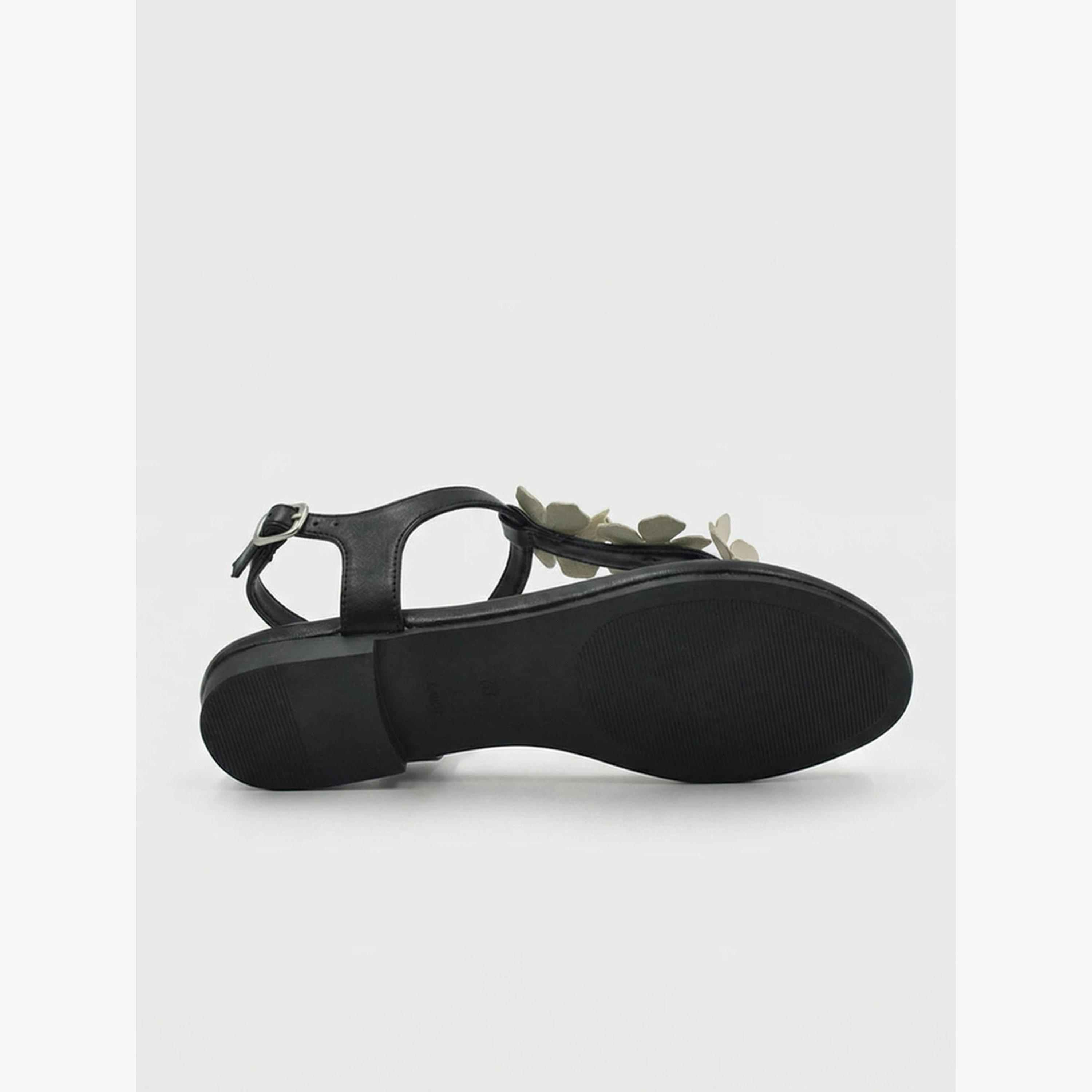 Styli Black Floral Applique Flat Sandals-women-shoes-sandals-flats-image-6