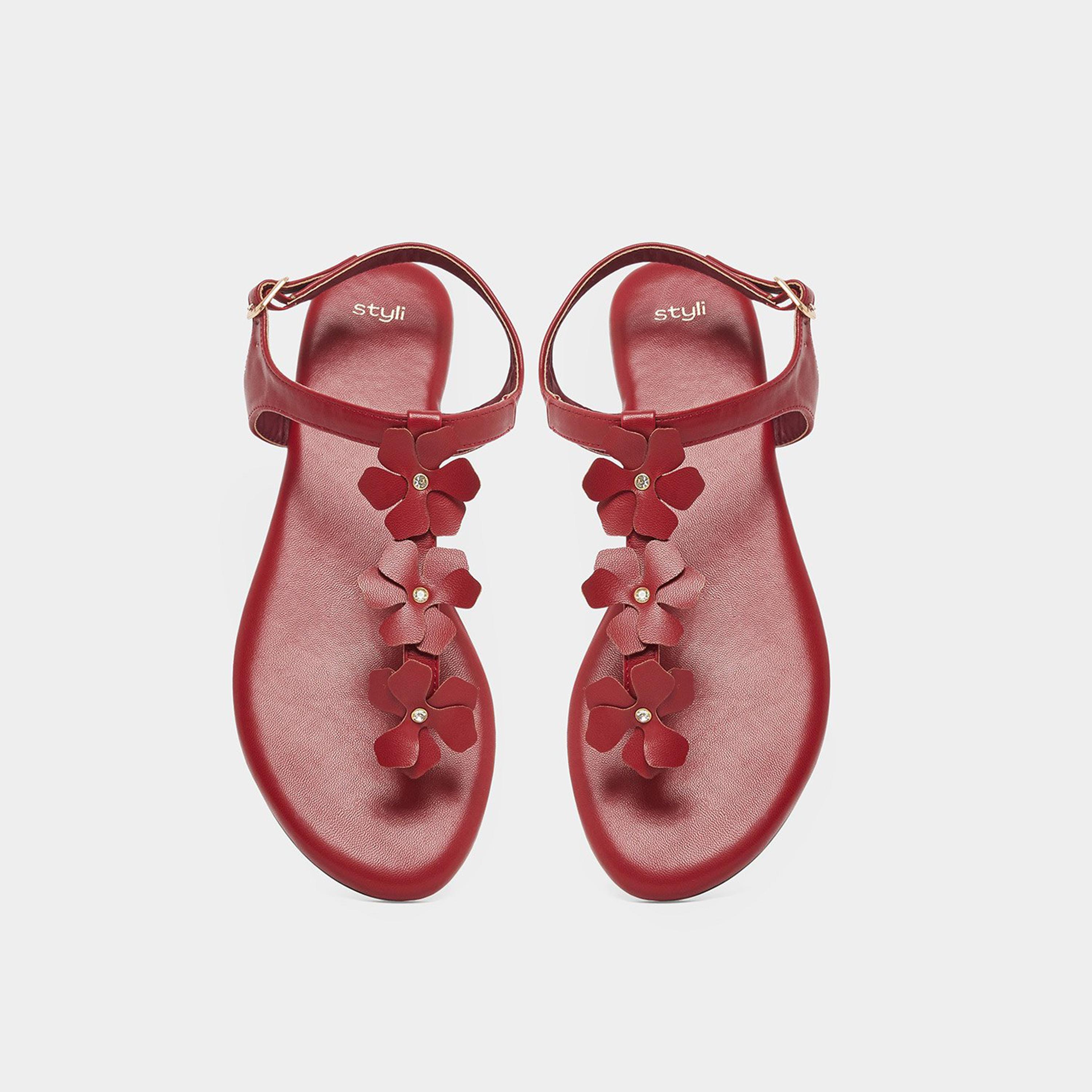 ستايلي - صندل مسطح بتفاصيل زهور لون عنابي-women-shoes-sandals-flats-image-6