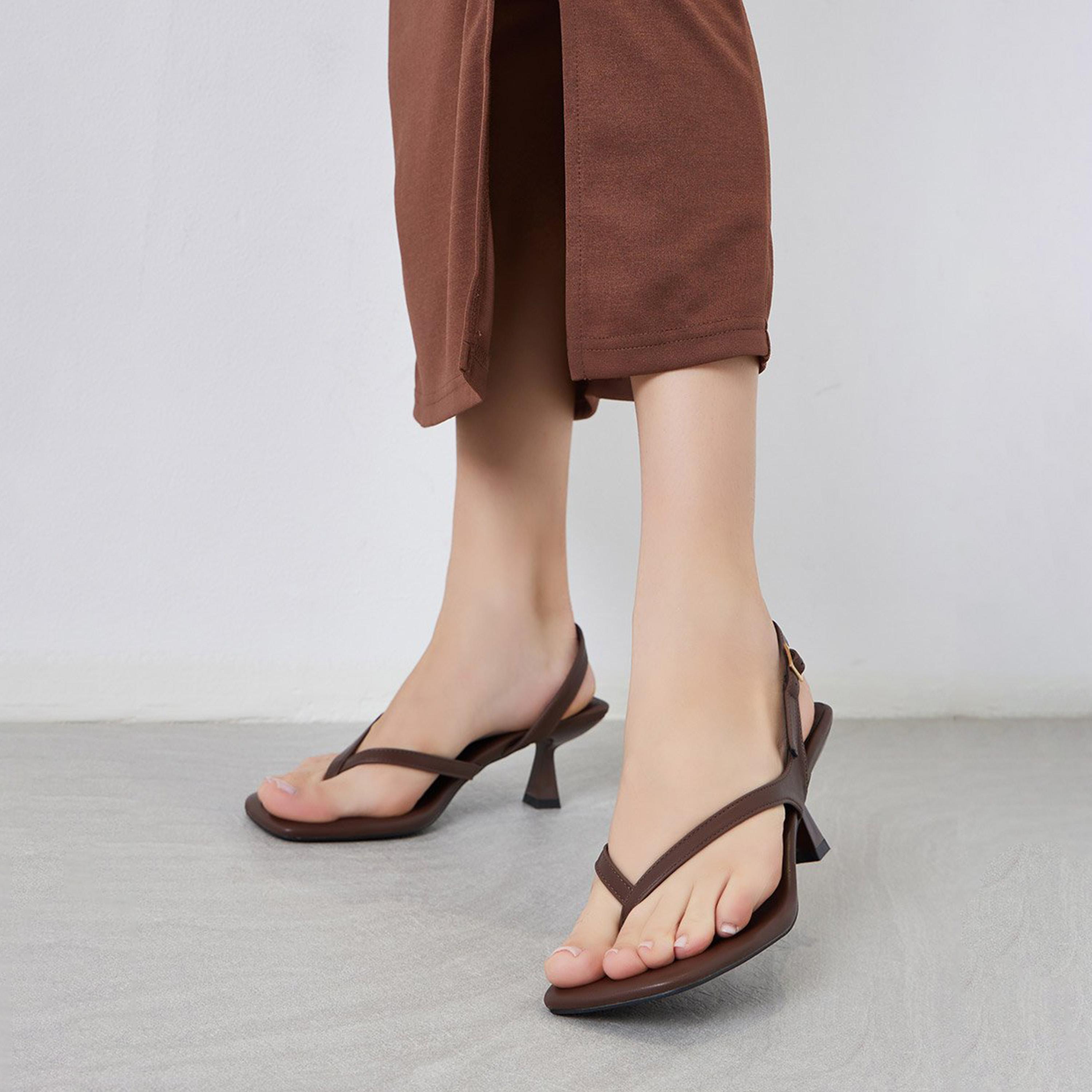 Styli Women Brown Kitten Heel Thong Sandals-women-shoes-sandals-heeled-image-2