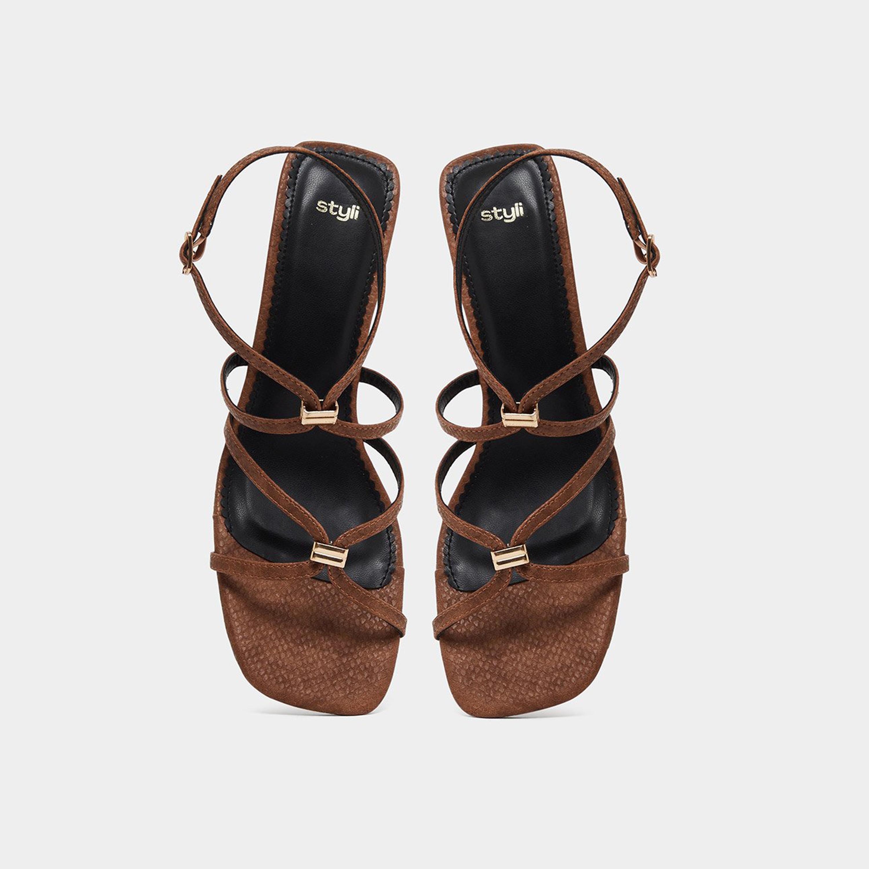 Styli Women Brown Metal Trim Accent Strappy Sandals-women-shoes-sandals-heeled-image-6