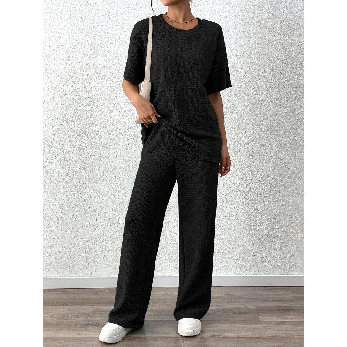 Styli Women Solid Textured T-Shirt and Pants Co-Ords-women-clothing-coordsets-image-1