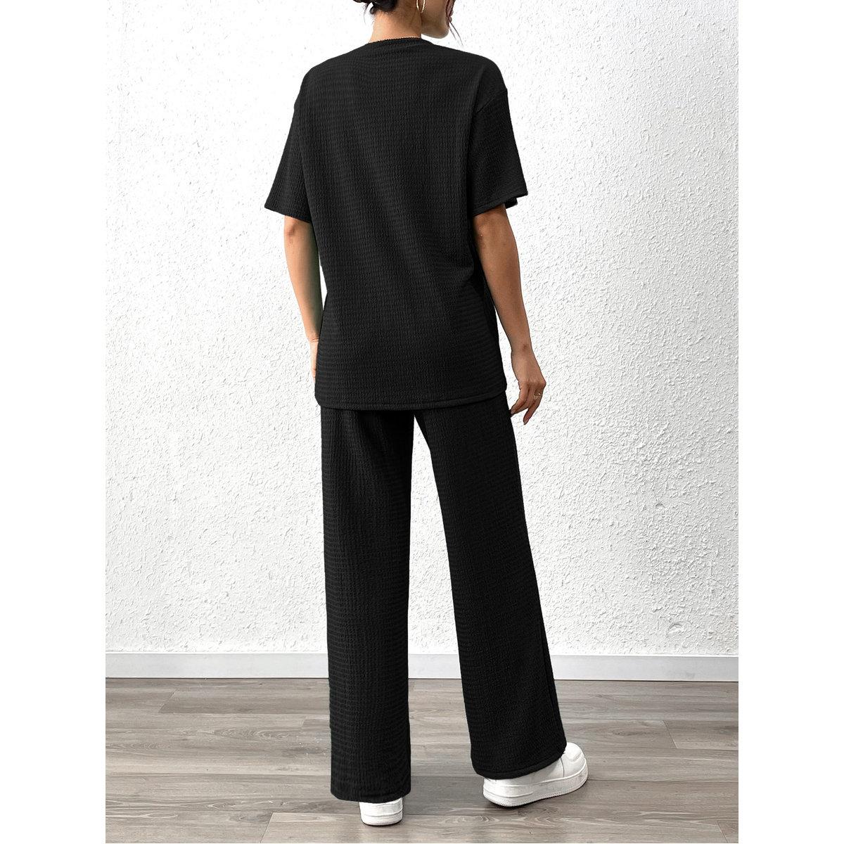 Styli Women Solid Textured T-Shirt and Pants Co-Ords-women-clothing-coordsets-image-2