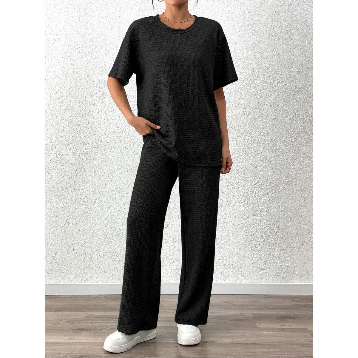 Styli Women Solid Textured T-Shirt and Pants Co-Ords-women-clothing-coordsets-image-4