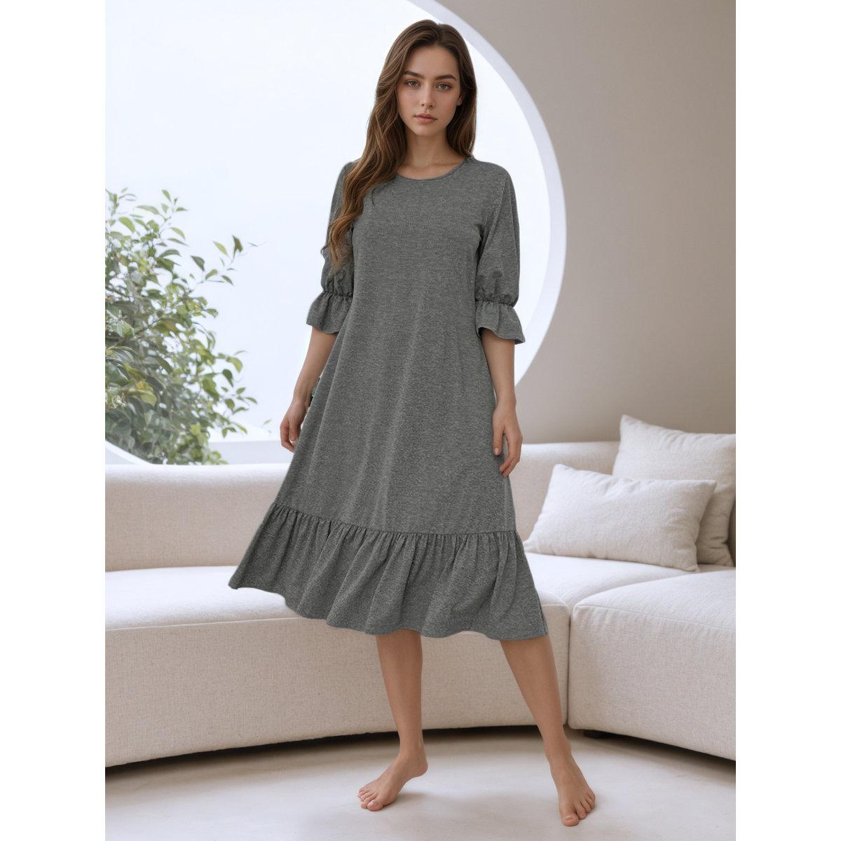 Styli Women Solid Ruffle Hem Round Neck Nightdress-women-clothing-nightwear-nighties-image-3