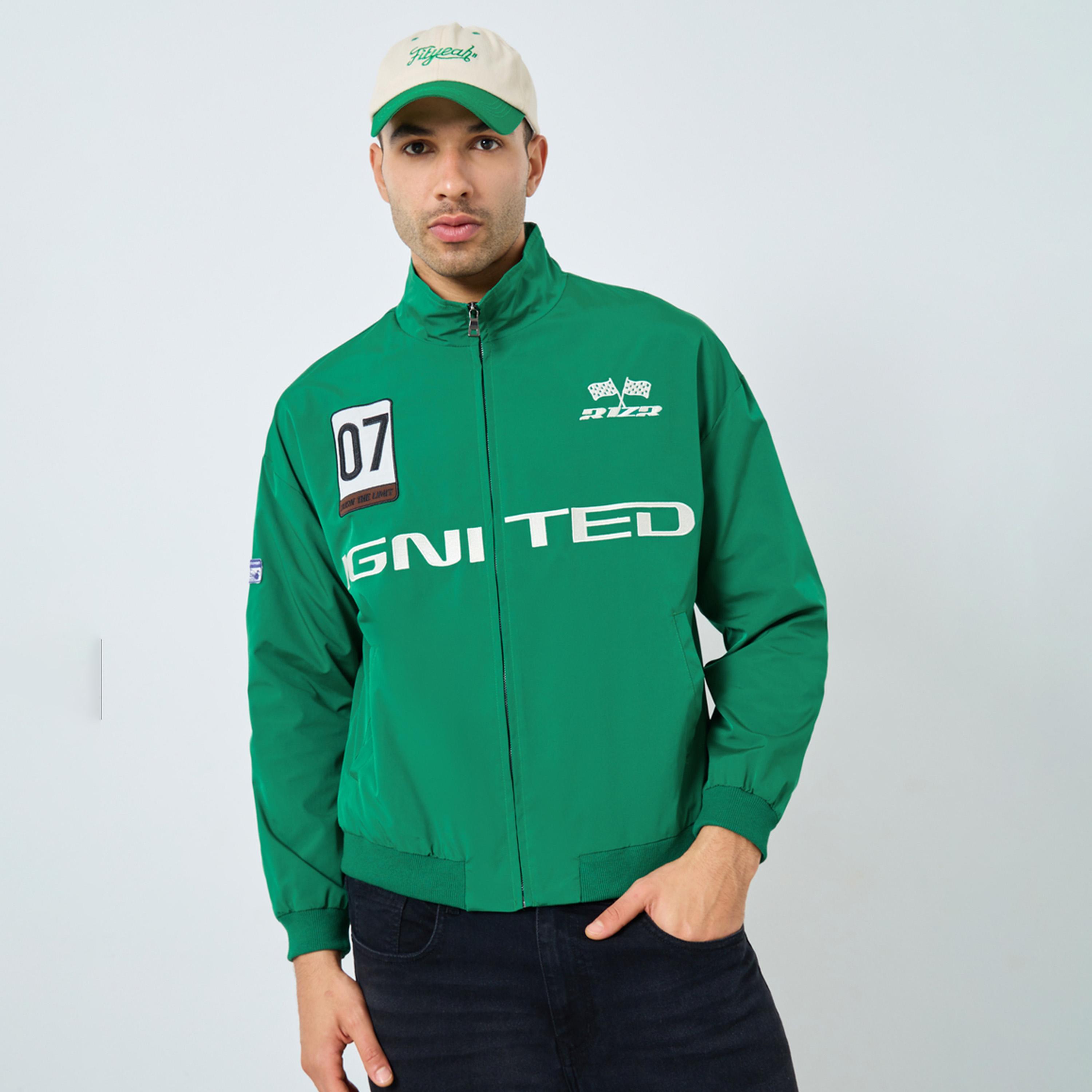 Styli Embroidered Collared Long Sleeves Men's Zip Through Bomber Jacket-men-clothing-jacketsandblazers-jackets-image-1