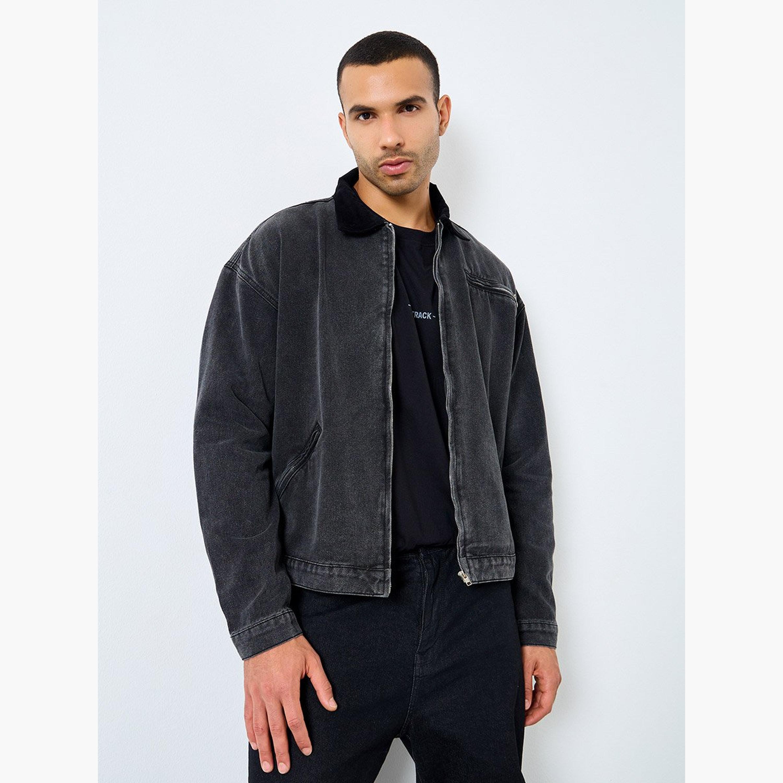 ستايلي - جاكيت جينز للرجال أسود مع ياقة مخملية-men-clothing-jacketsandblazers-jackets-image-1