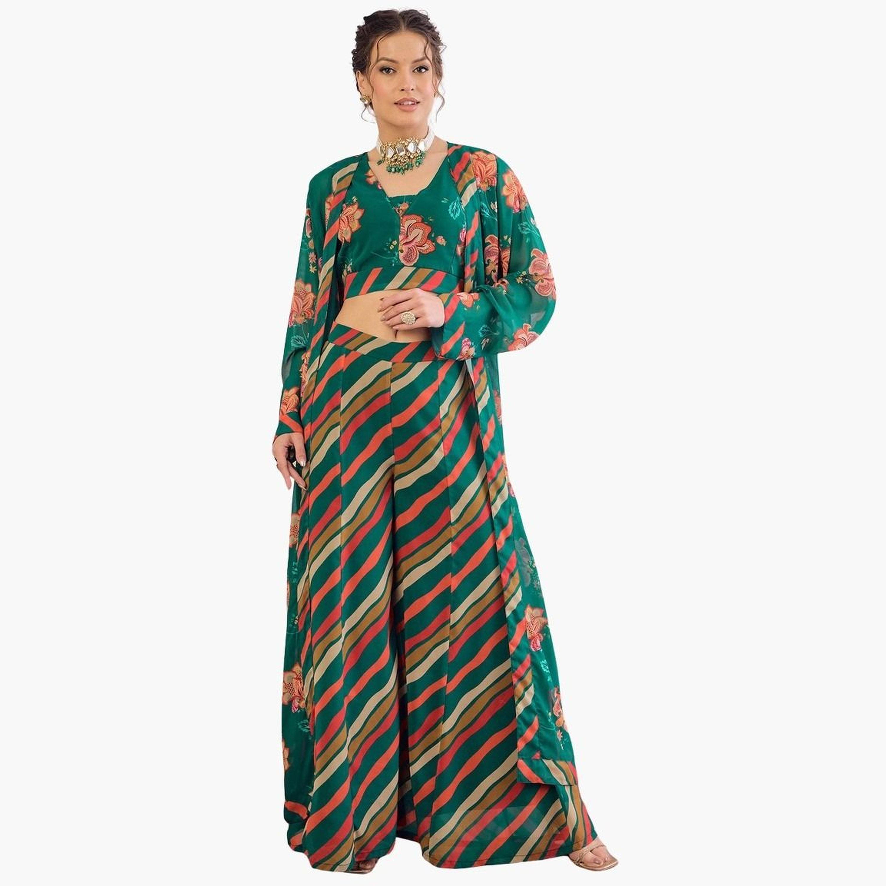 شاي باي ساسافراس - طقم بلوزة قصيرة مزينة بالزهور مع بنطال بالازو وقميص قصير للنساء-women-clothing-ethnicwear-salwarsuits-image-1