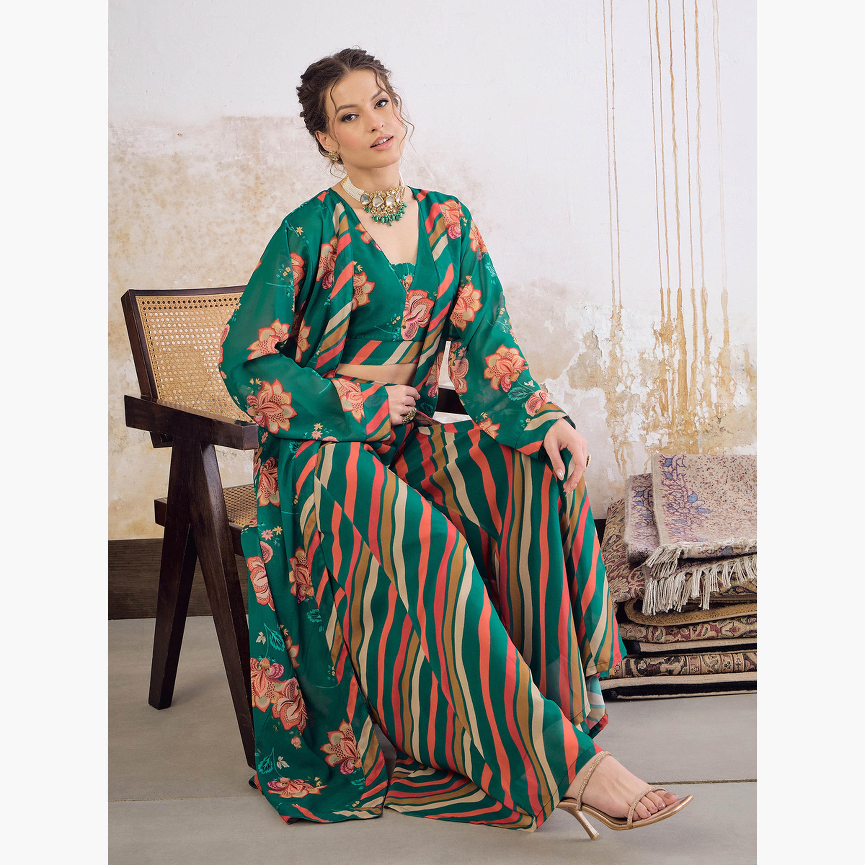شاي باي ساسافراس - طقم بلوزة قصيرة مزينة بالزهور مع بنطال بالازو وقميص قصير للنساء-women-clothing-ethnicwear-salwarsuits-image-3