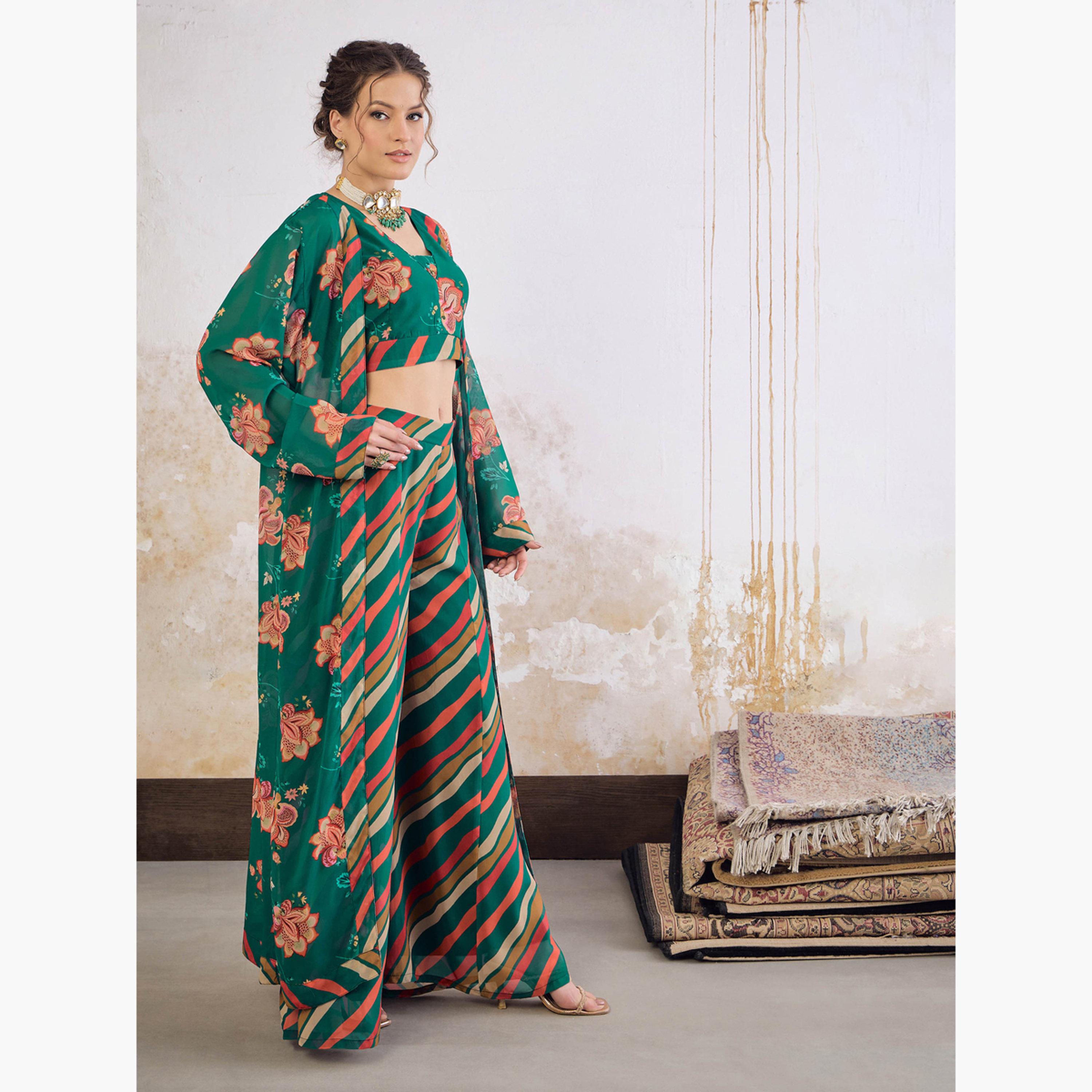 شاي باي ساسافراس - طقم بلوزة قصيرة مزينة بالزهور مع بنطال بالازو وقميص قصير للنساء-women-clothing-ethnicwear-salwarsuits-image-4