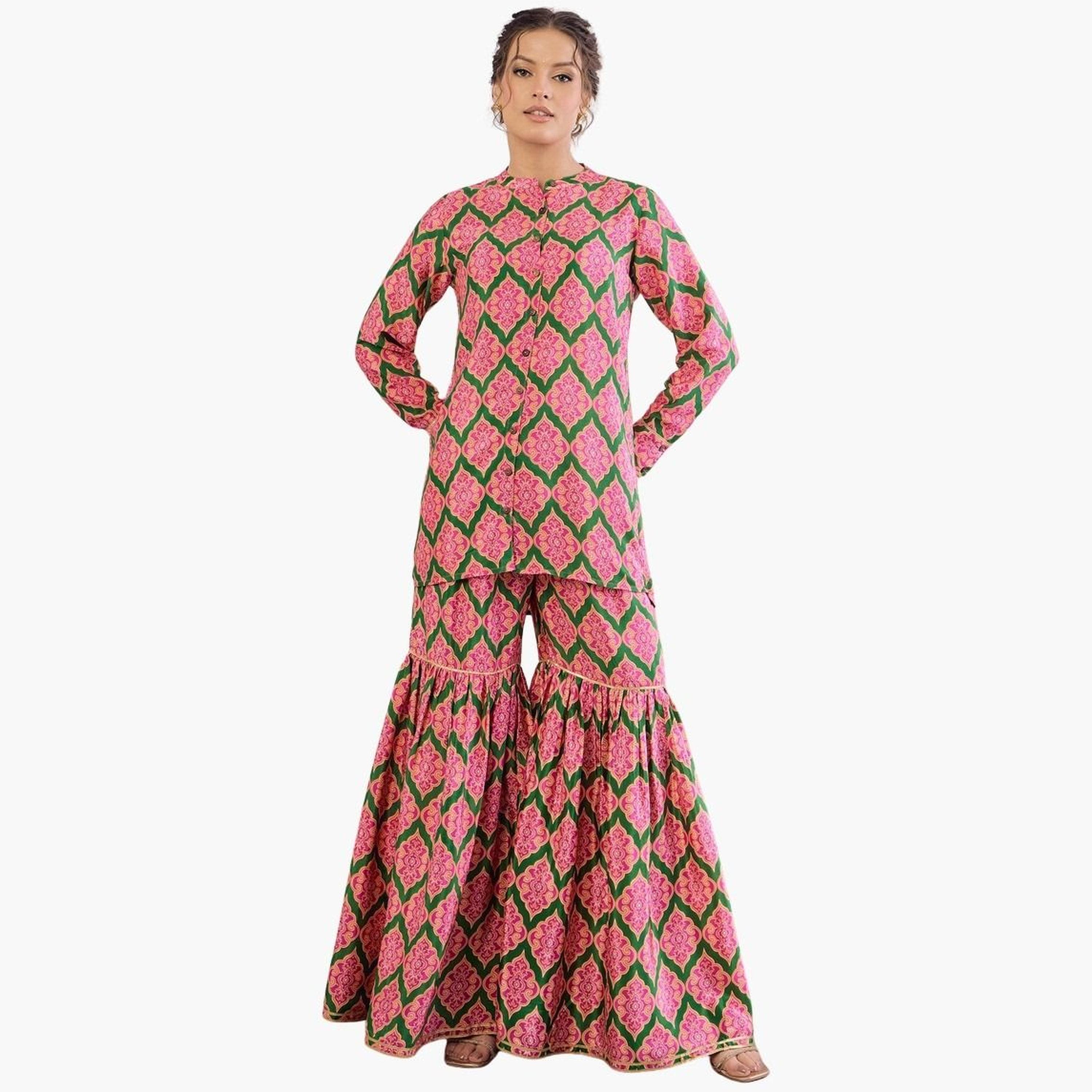 Shae by Sassafras Women Emerald Kasturi Crepe Front Button Top with Sharara Pants Set-women-clothing-ethnicwear-salwarsuits-image-1