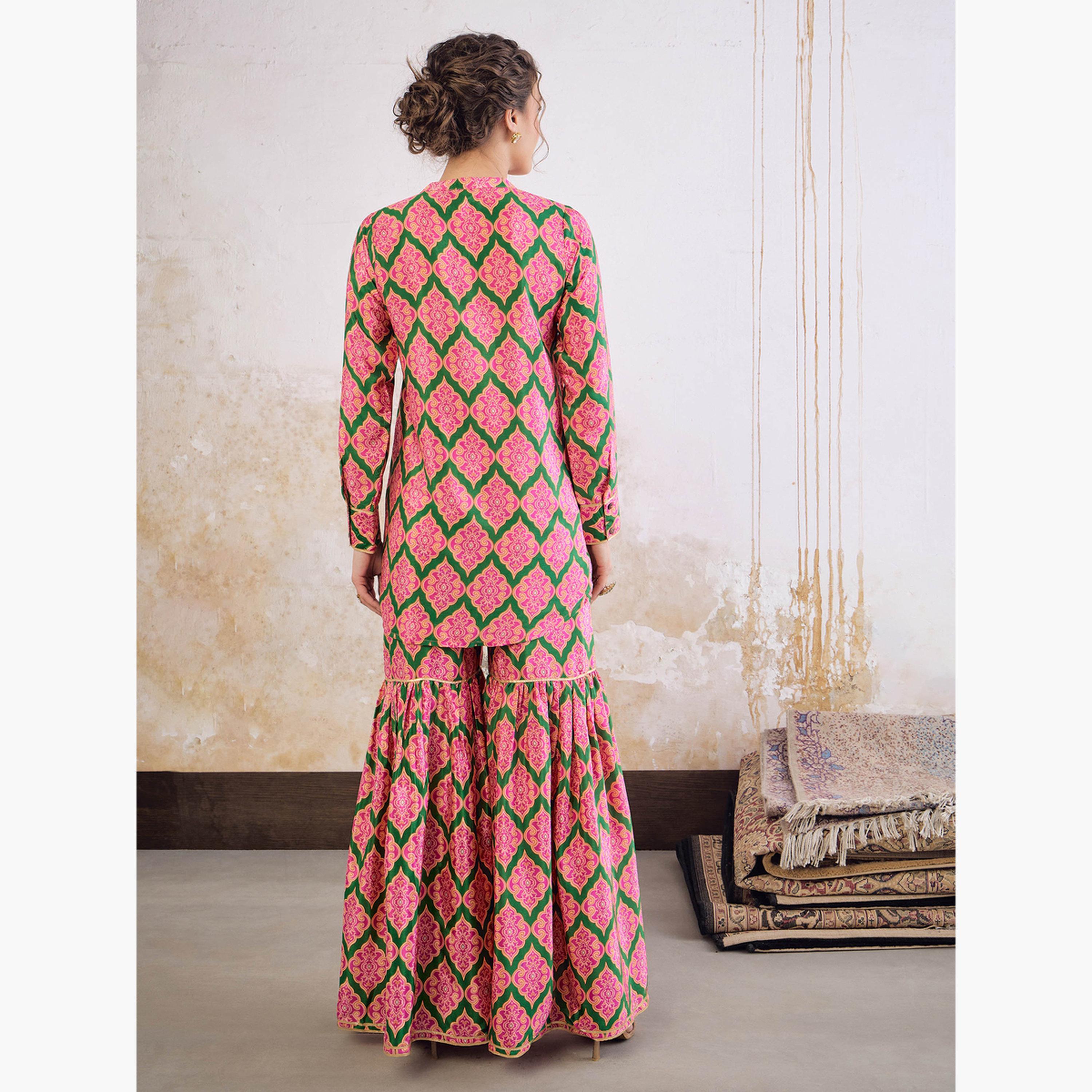 Shae by Sassafras Women Emerald Kasturi Crepe Front Button Top with Sharara Pants Set-women-clothing-ethnicwear-salwarsuits-image-2