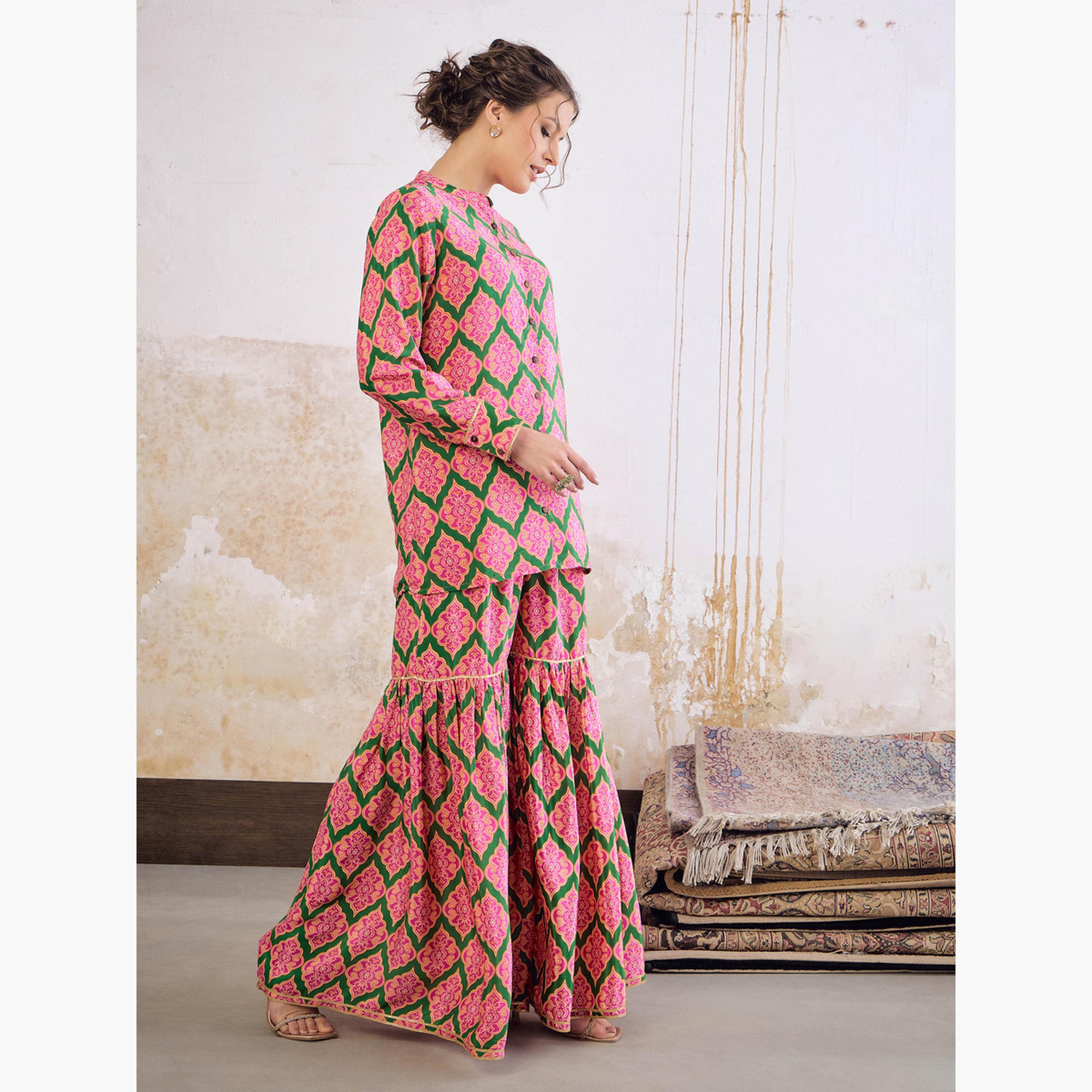 Shae by Sassafras Women Emerald Kasturi Crepe Front Button Top with Sharara Pants Set-women-clothing-ethnicwear-salwarsuits-image-3