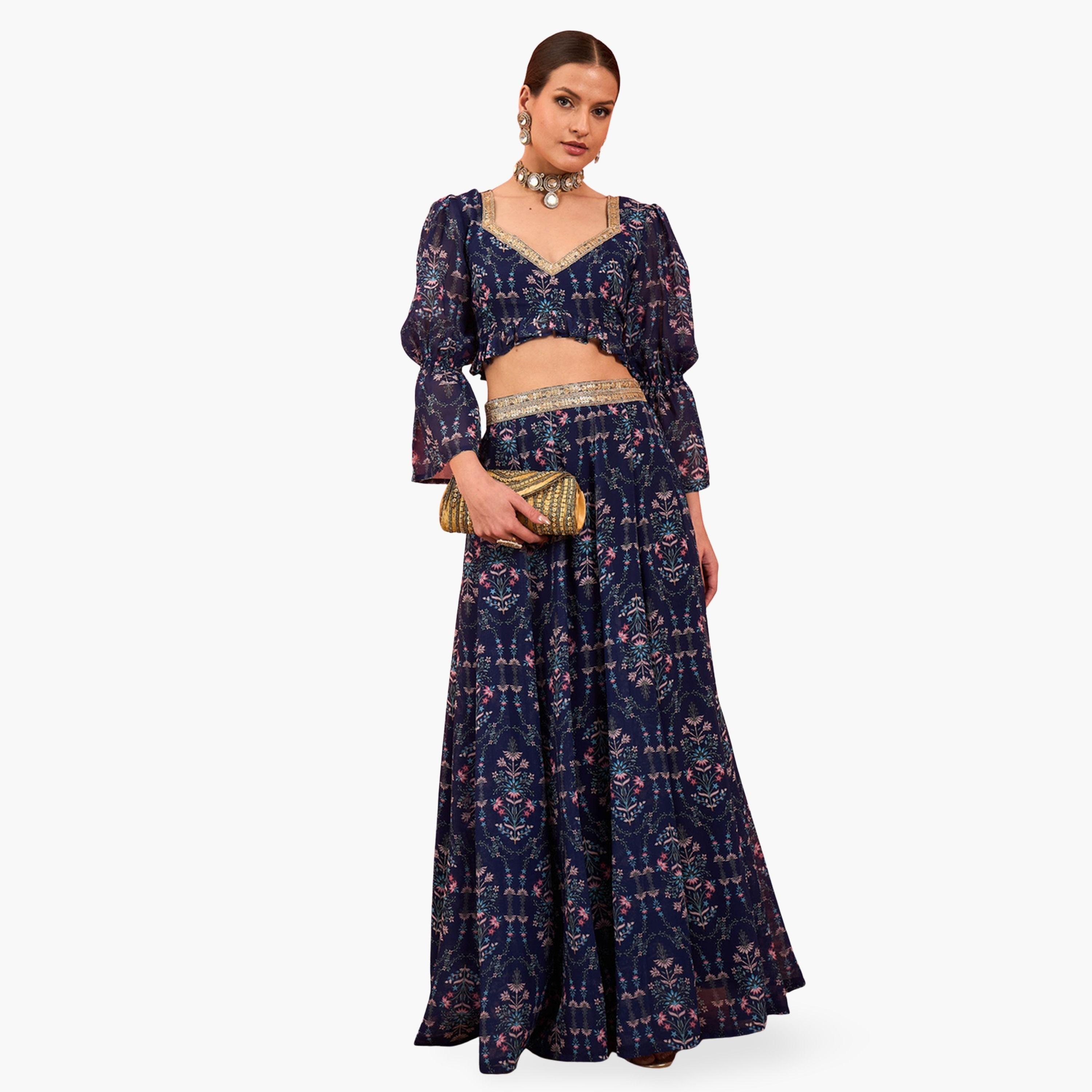 شاي × ساسافراس - طقم تنورة وبلوزة بكشكش بطبعة ازهار-women-clothing-ethnicwear-dresses-image-1