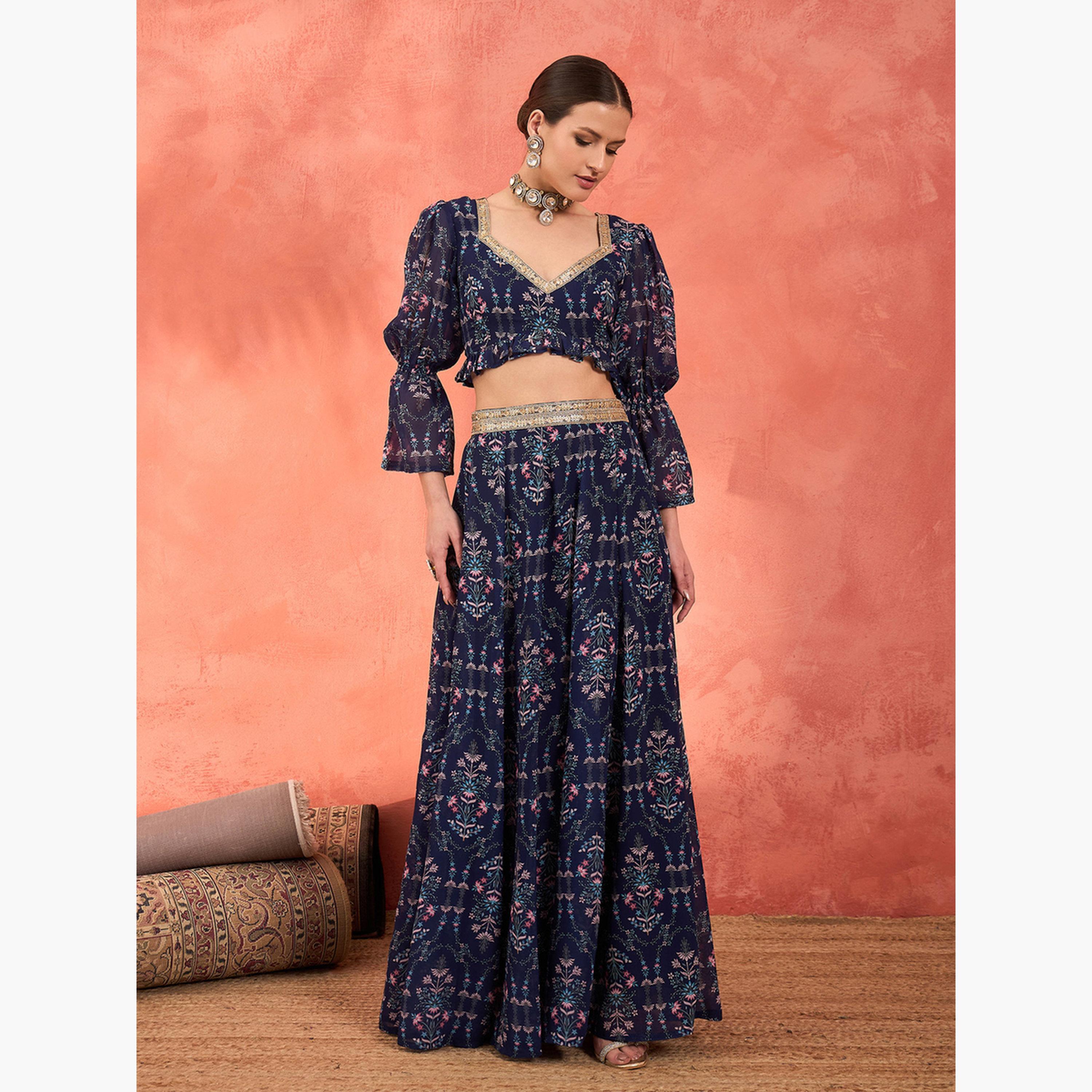 شاي × ساسافراس - طقم تنورة وبلوزة بكشكش بطبعة ازهار-women-clothing-ethnicwear-dresses-image-2