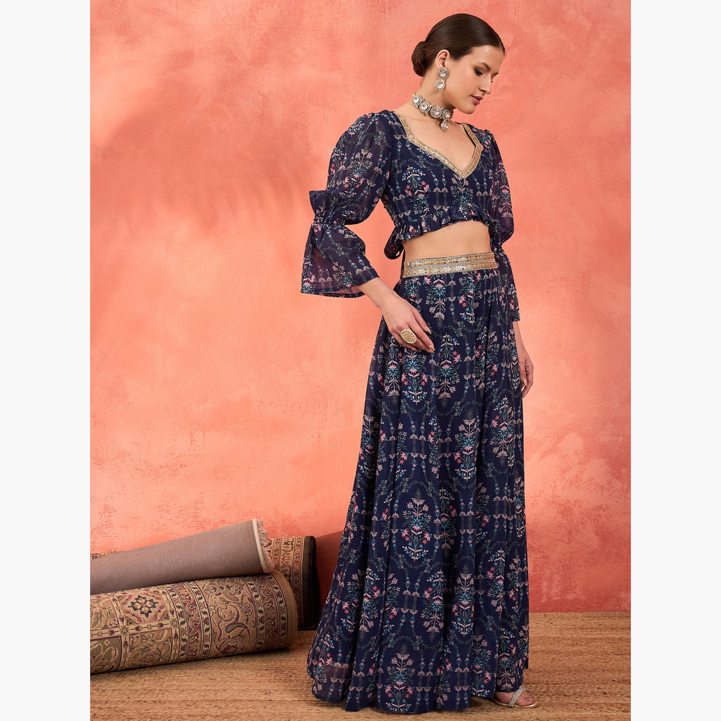 شاي × ساسافراس - طقم تنورة وبلوزة بكشكش بطبعة ازهار-women-clothing-ethnicwear-dresses-image-3