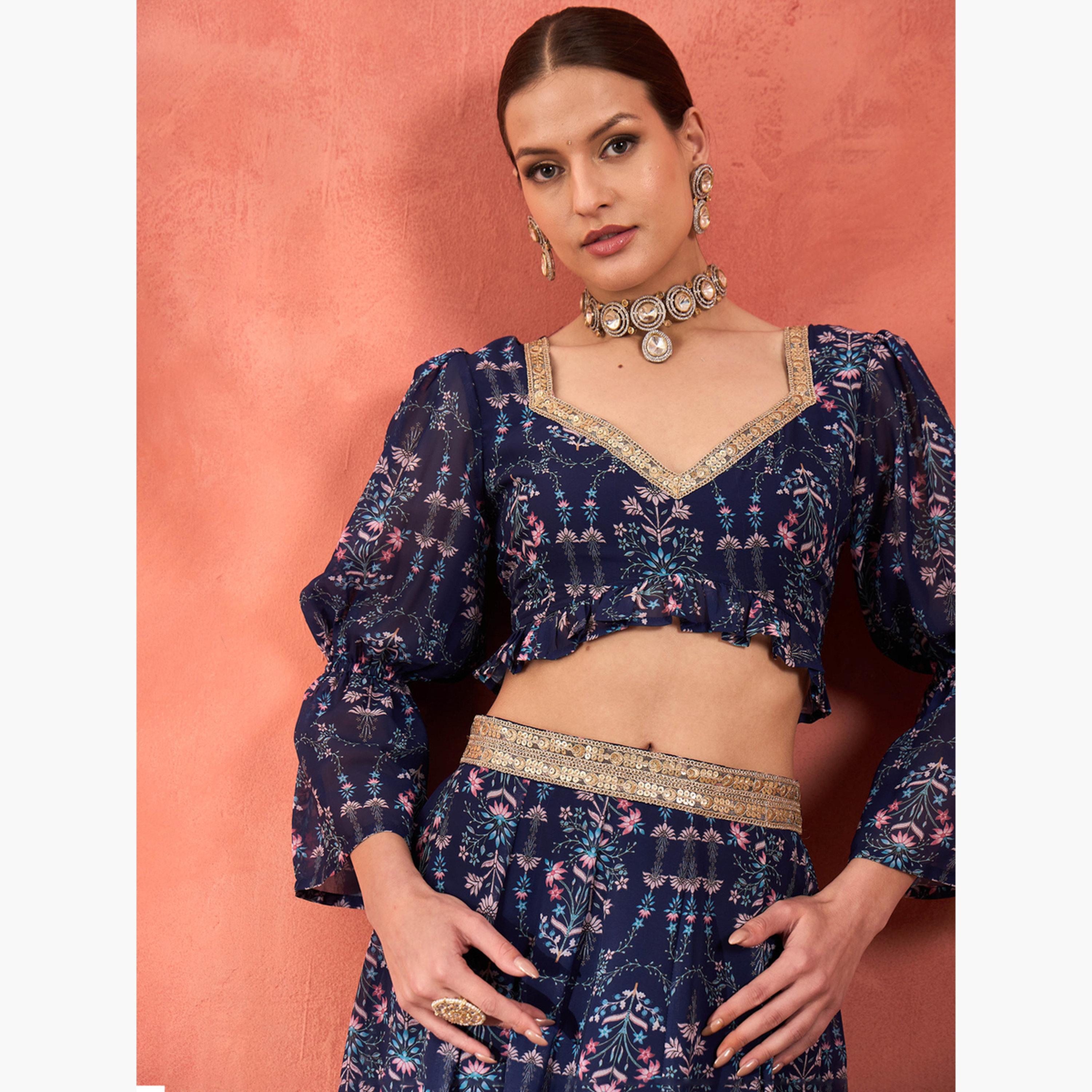 شاي × ساسافراس - طقم تنورة وبلوزة بكشكش بطبعة ازهار-women-clothing-ethnicwear-dresses-image-4