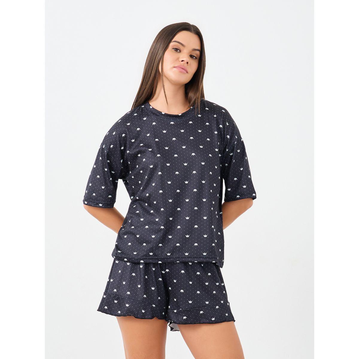 Styli Crown Spot Print T-Shirt and Lettuce Hem Shorts Set-women-clothing-nightwear-pyjamas-shortsets-image-1