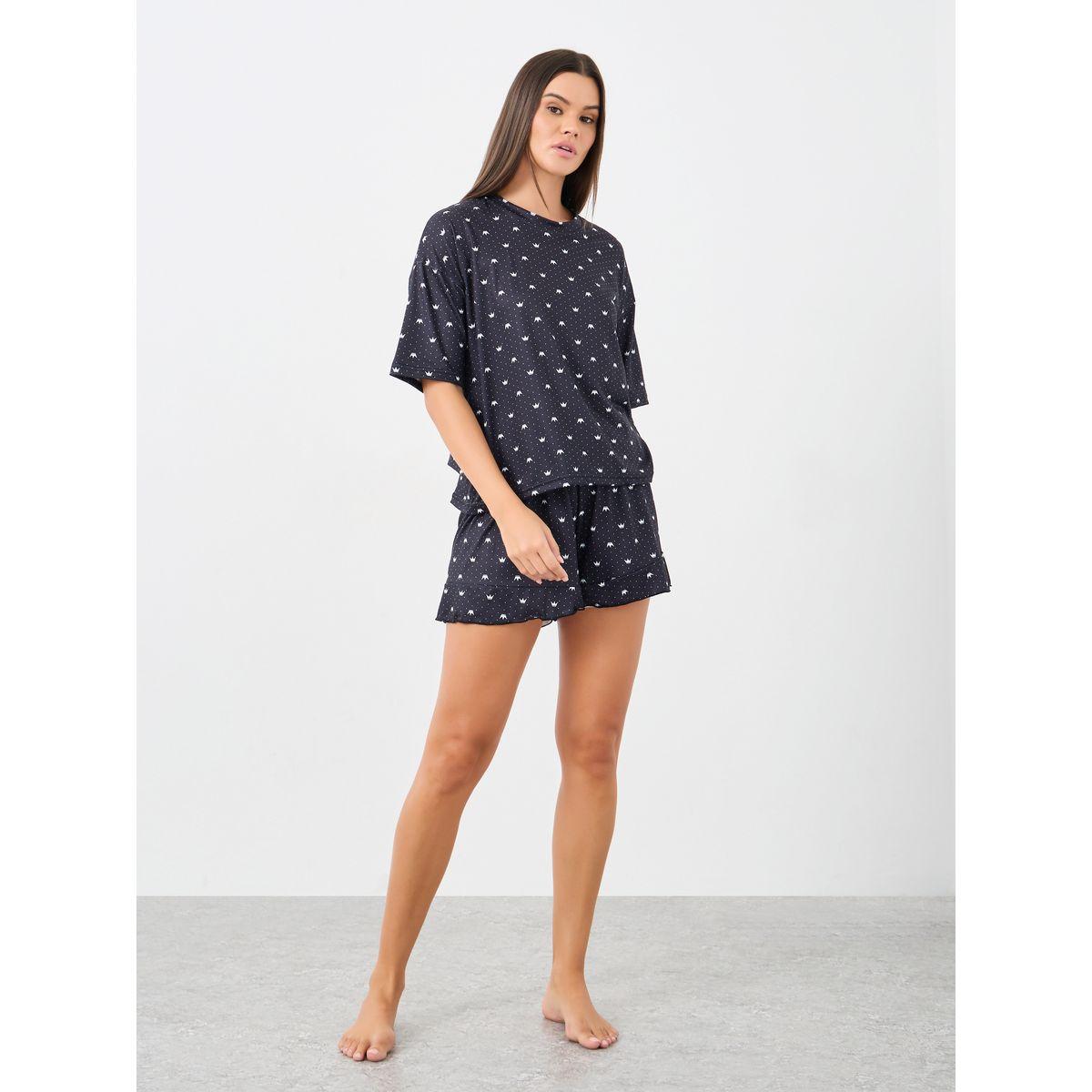 Styli Crown Spot Print T-Shirt and Lettuce Hem Shorts Set-women-clothing-nightwear-pyjamas-shortsets-image-2