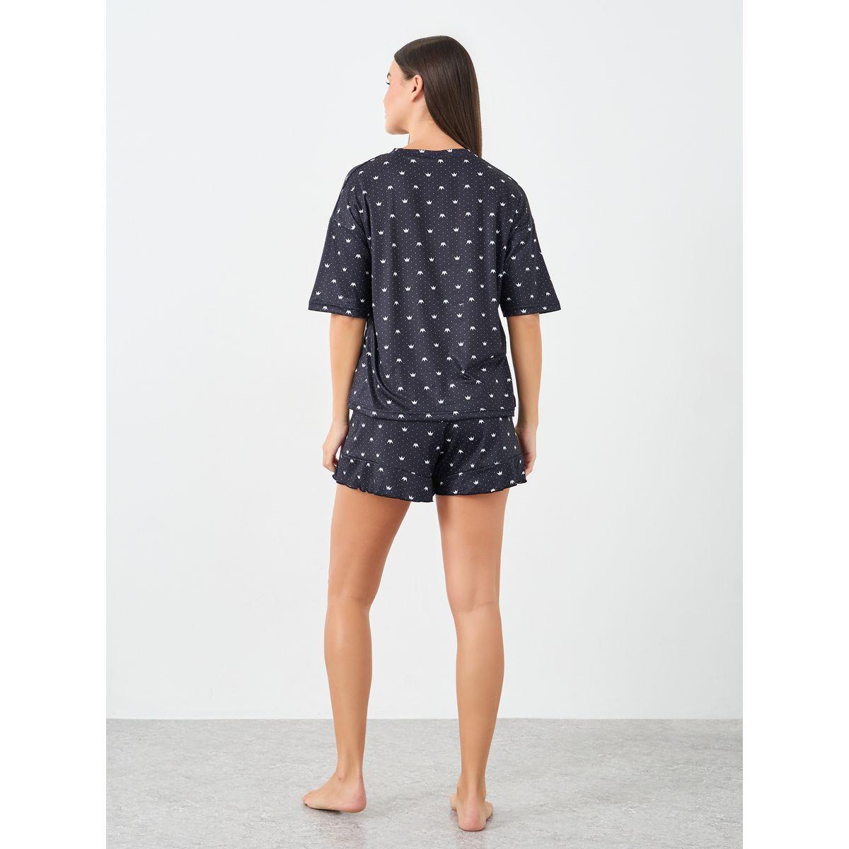 Styli Crown Spot Print T-Shirt and Lettuce Hem Shorts Set-women-clothing-nightwear-pyjamas-shortsets-image-4