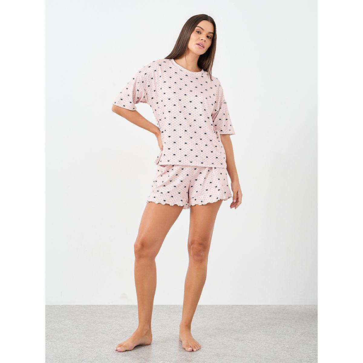 Styli Crown Spot Print T-Shirt and Lettuce Hem Shorts Set-women-clothing-nightwear-pyjamas-shortsets-image-1