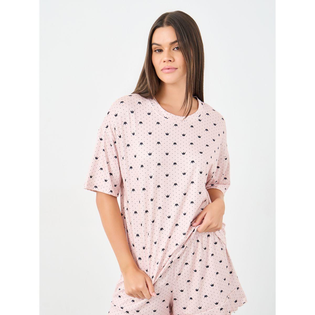 Styli Crown Spot Print T-Shirt and Lettuce Hem Shorts Set-women-clothing-nightwear-pyjamas-shortsets-image-2