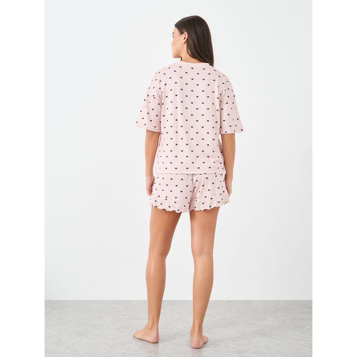 Styli Crown Spot Print T-Shirt and Lettuce Hem Shorts Set-women-clothing-nightwear-pyjamas-shortsets-image-4
