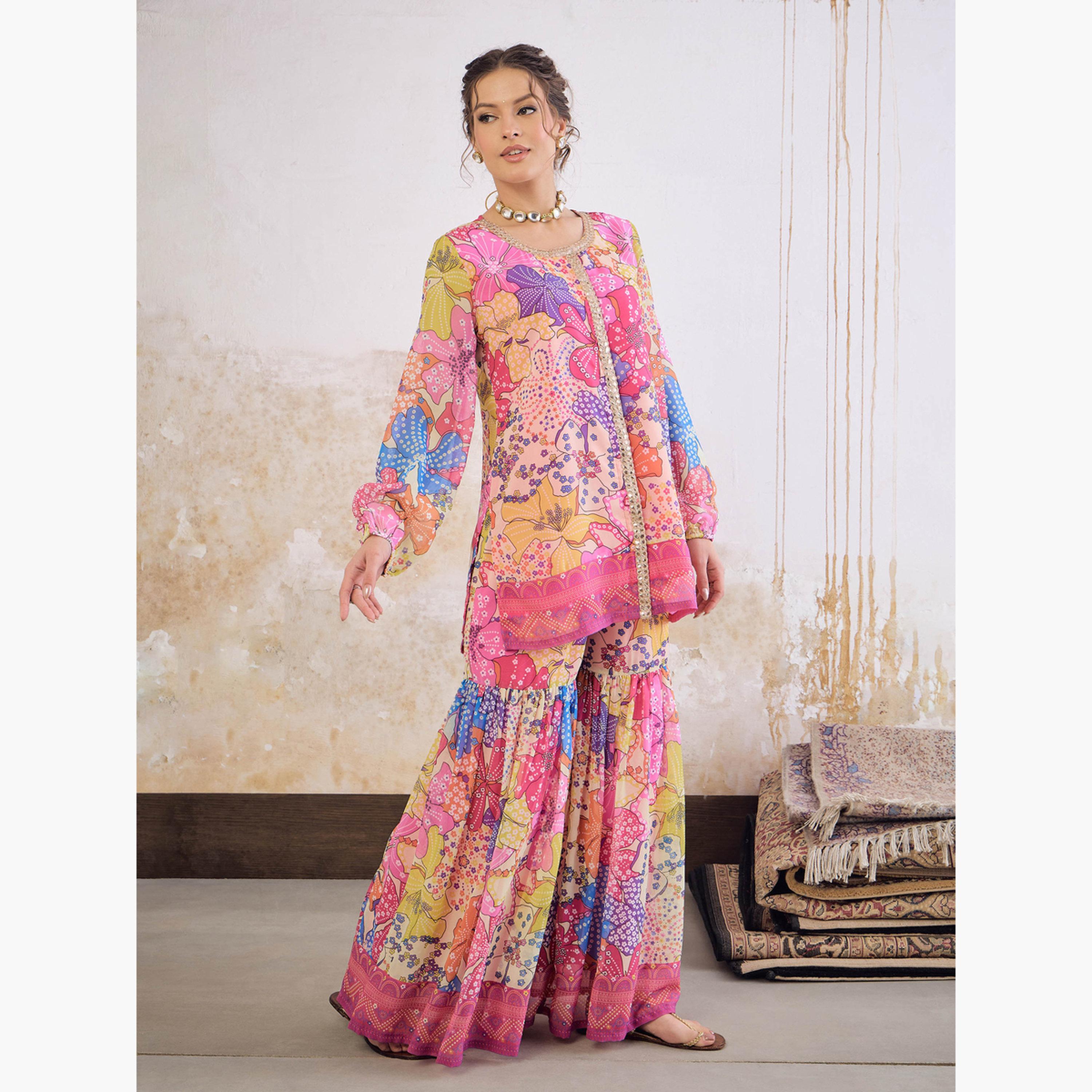 Shae by Sassafras Women Pink Floral Front Placket Top with Sharara Pants Set-women-clothing-ethnicwear-salwarsuits-image-1