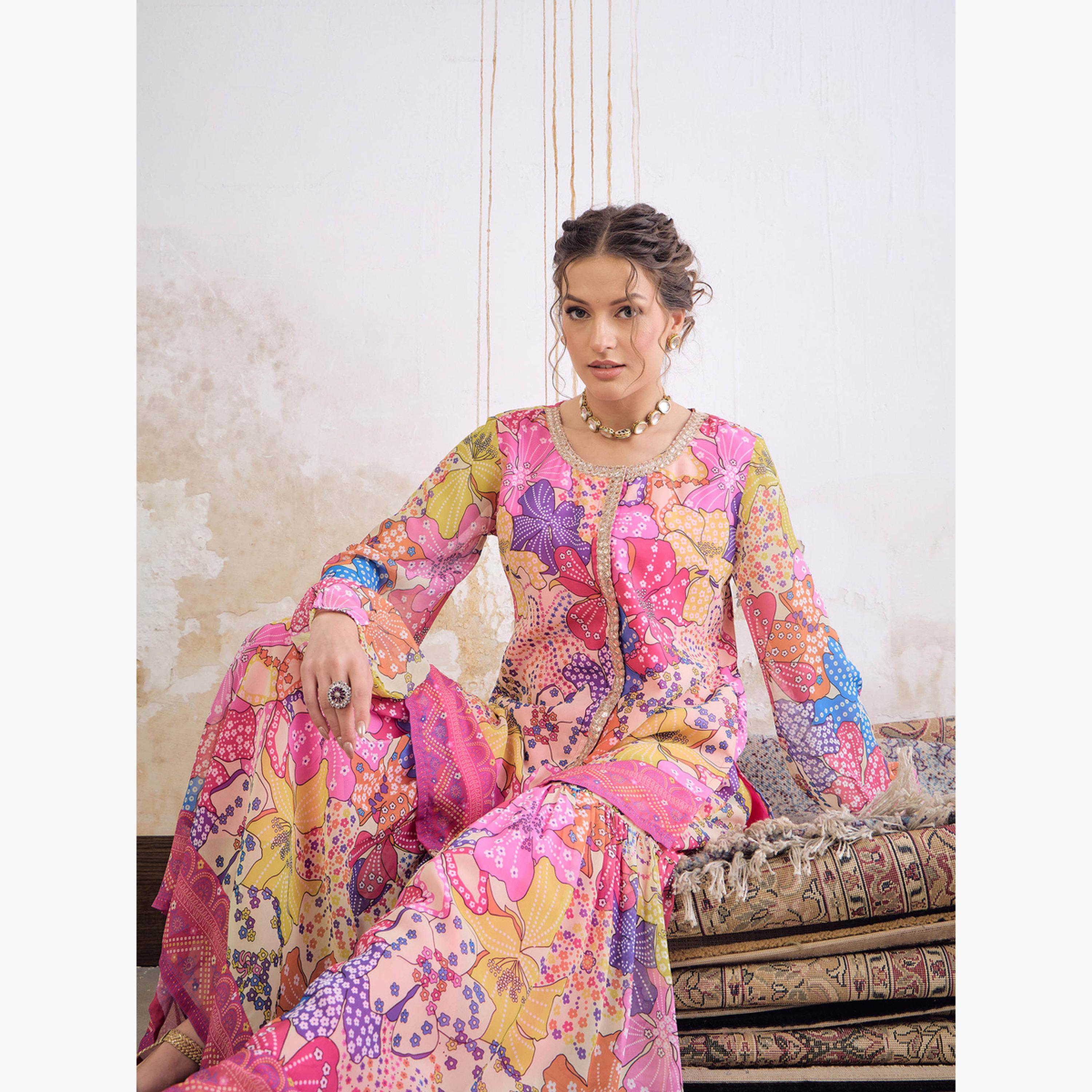 Shae by Sassafras Women Pink Floral Front Placket Top with Sharara Pants Set-women-clothing-ethnicwear-salwarsuits-image-2