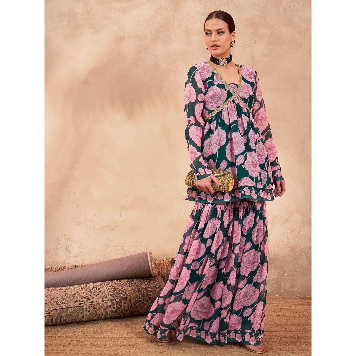 طقم من بلوزة بطبعة زهور مع بنطال شرارة-women-clothing-ethnicwear-kurtasets-image-1