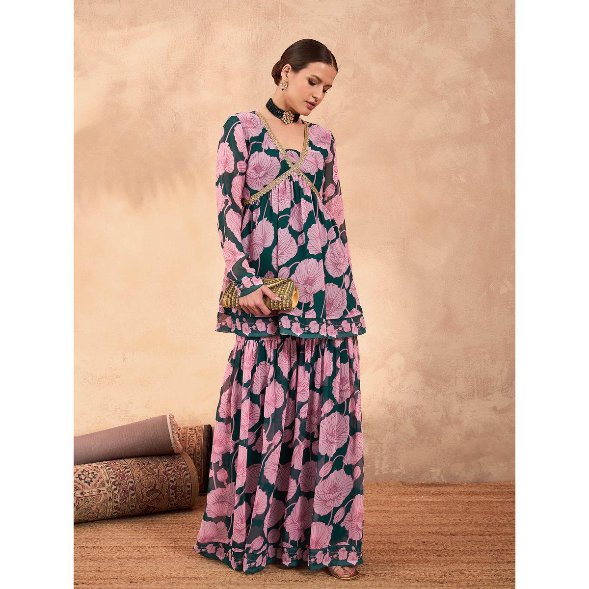 طقم من بلوزة بطبعة زهور مع بنطال شرارة-women-clothing-ethnicwear-kurtasets-image-2