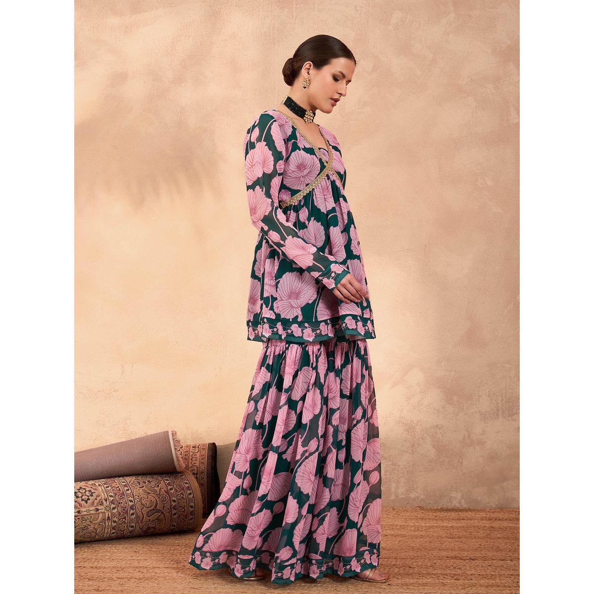 طقم من بلوزة بطبعة زهور مع بنطال شرارة-women-clothing-ethnicwear-kurtasets-image-3