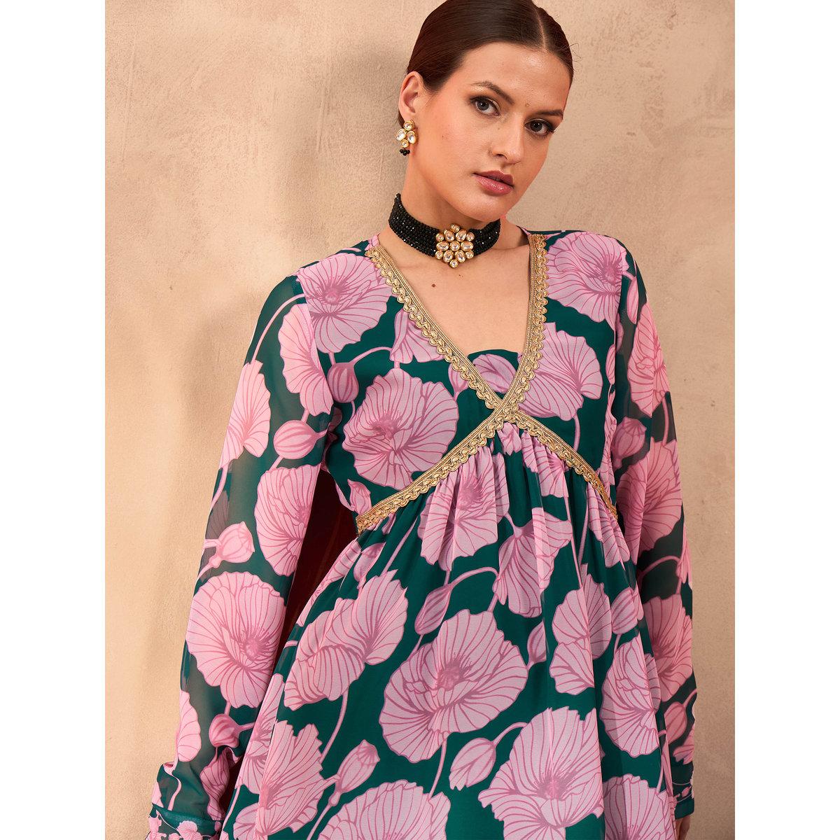 طقم من بلوزة بطبعة زهور مع بنطال شرارة-women-clothing-ethnicwear-kurtasets-image-4