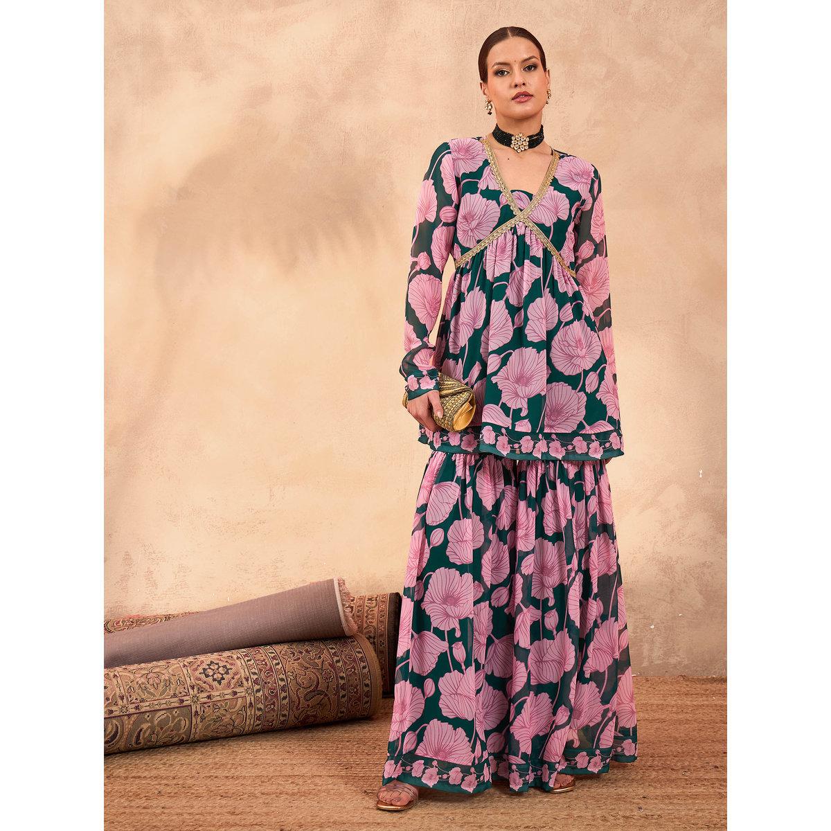طقم من بلوزة بطبعة زهور مع بنطال شرارة-women-clothing-ethnicwear-kurtasets-image-5