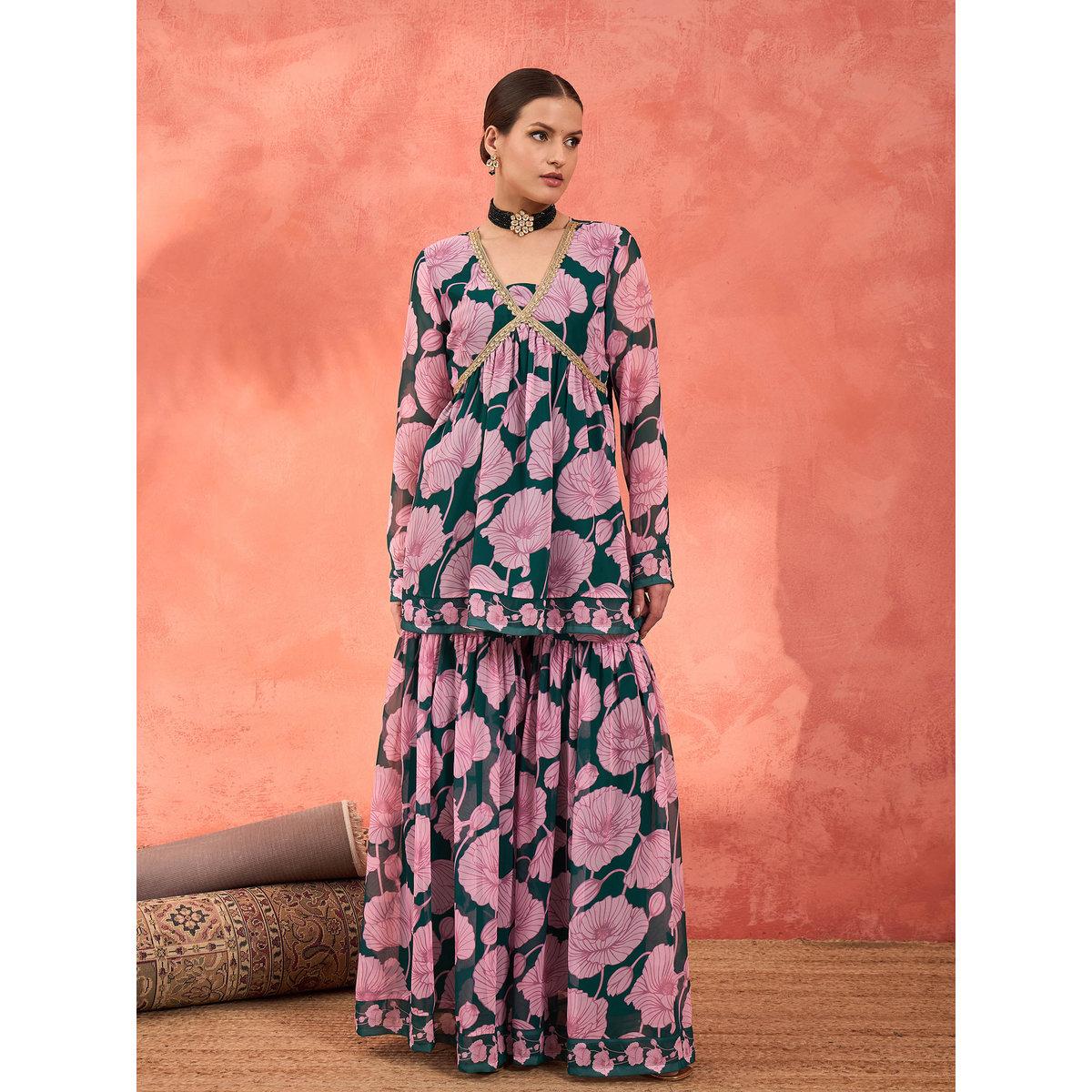 طقم من بلوزة بطبعة زهور مع بنطال شرارة-women-clothing-ethnicwear-kurtasets-image-8