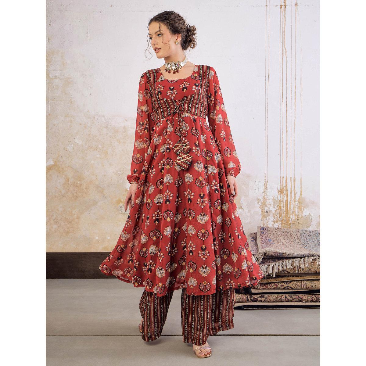 Shae by SASSAFRAS Maroon Floral Front Yoke Anarkali Kurta with Palazzo Pants Set-women-clothing-ethnicwear-kurtasets-image-1