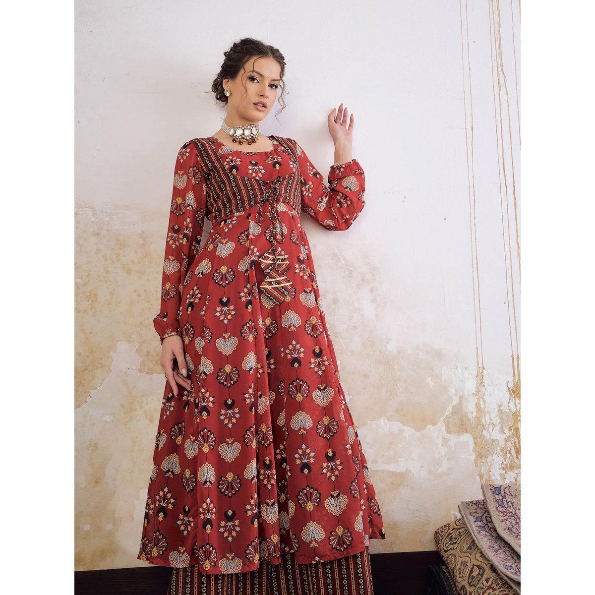 طقم من كورتا بطبعة زهور مع بنطال بالازو-women-clothing-ethnicwear-kurtasets-image-2