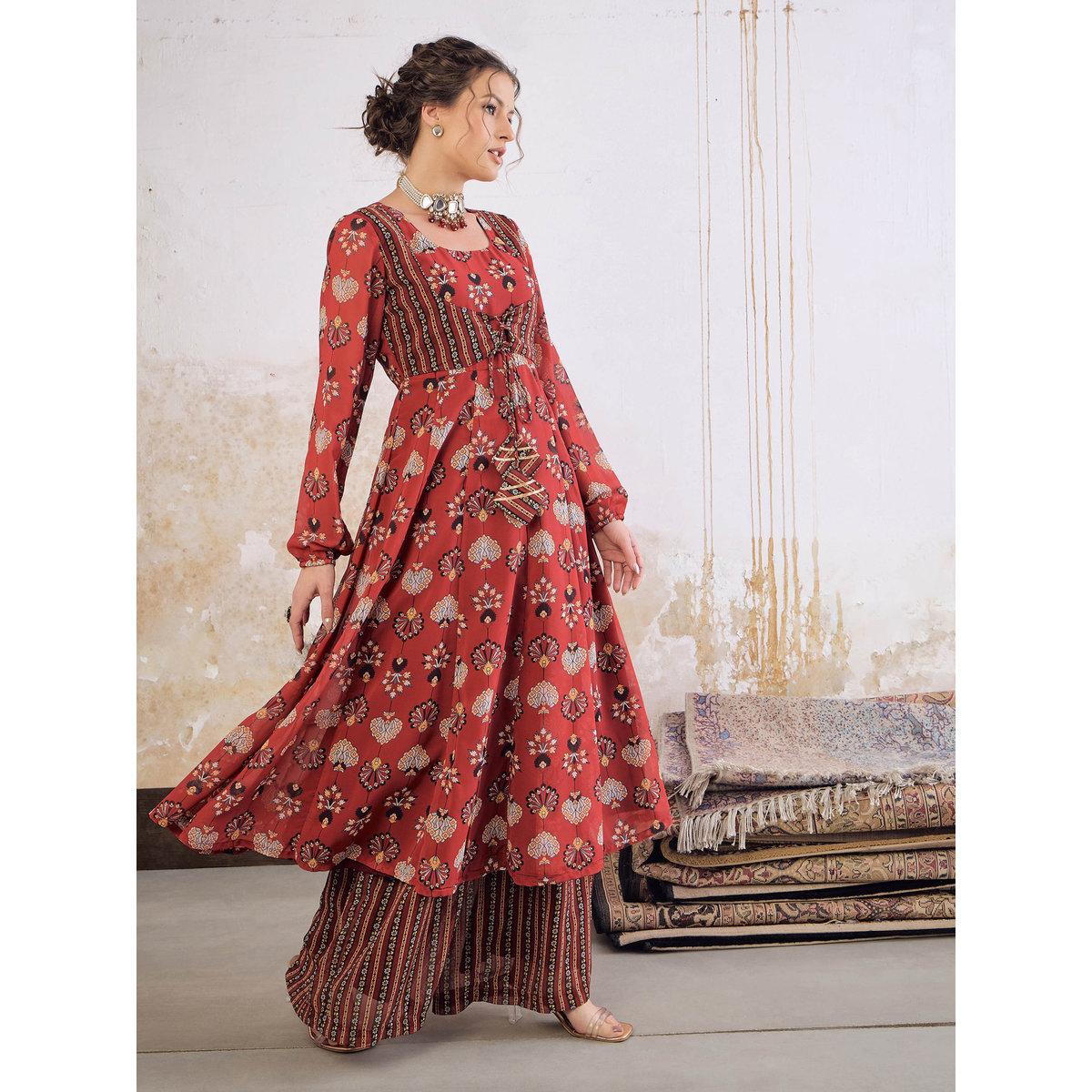 Shae by SASSAFRAS Maroon Floral Front Yoke Anarkali Kurta with Palazzo Pants Set-women-clothing-ethnicwear-kurtasets-image-3