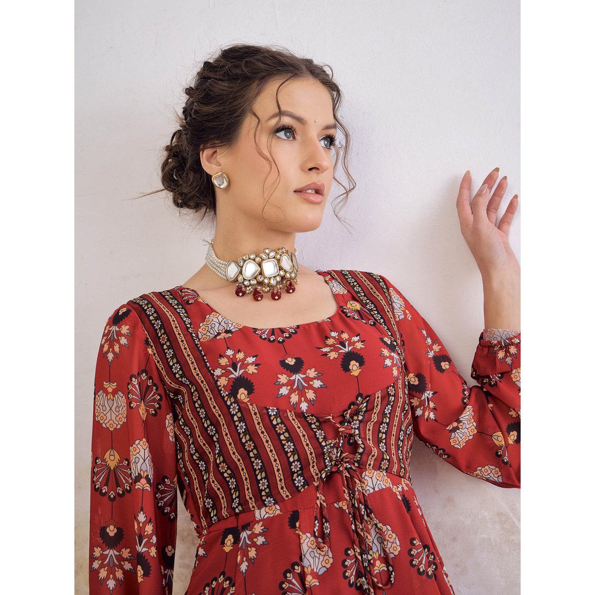 طقم من كورتا بطبعة زهور مع بنطال بالازو-women-clothing-ethnicwear-kurtasets-image-4