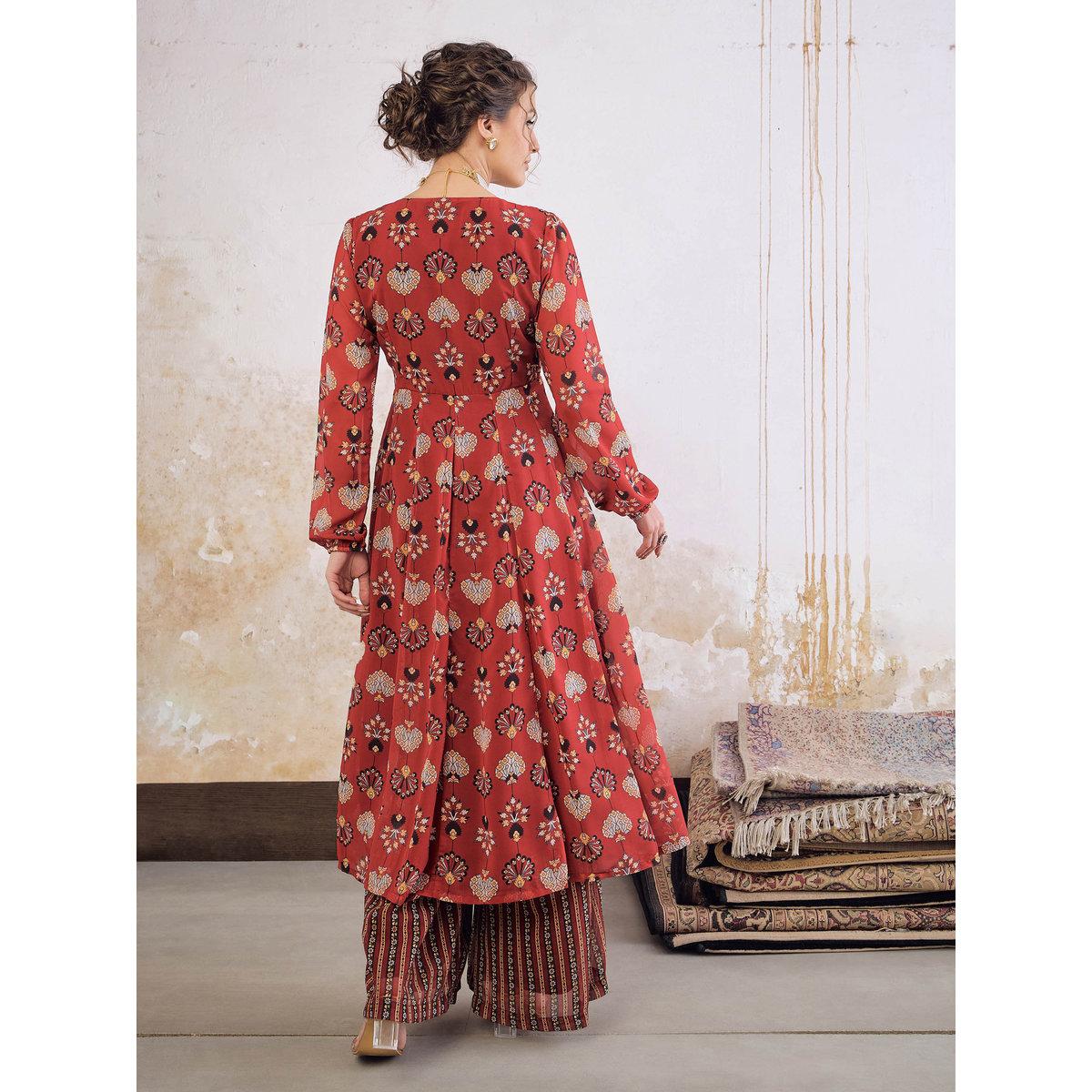 طقم من كورتا بطبعة زهور مع بنطال بالازو-women-clothing-ethnicwear-kurtasets-image-5