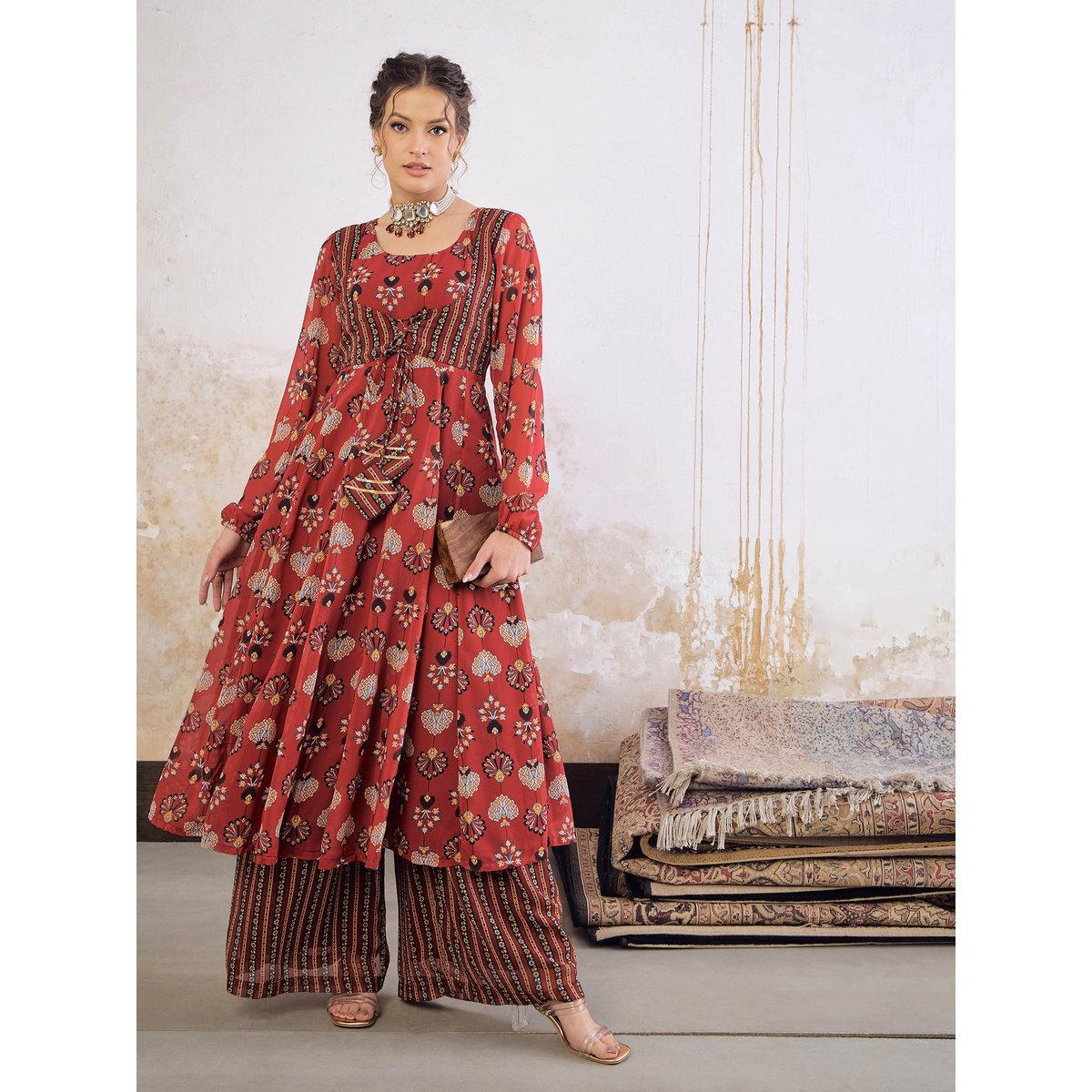 Shae by SASSAFRAS Maroon Floral Front Yoke Anarkali Kurta with Palazzo Pants Set-women-clothing-ethnicwear-kurtasets-image-6