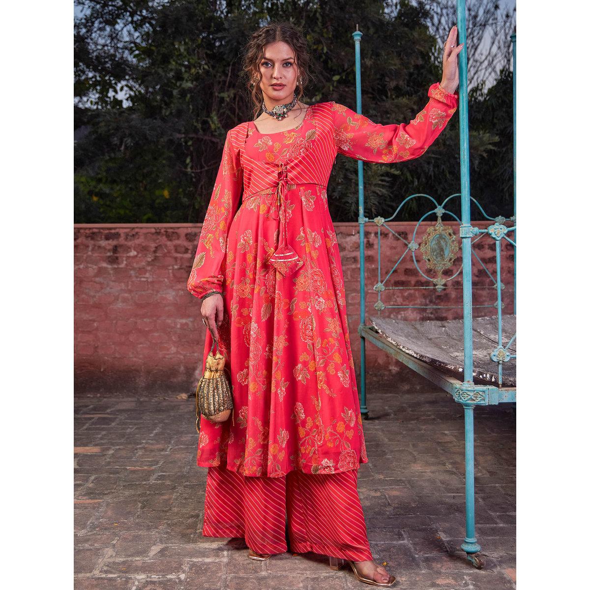 Shae by SASSAFRAS Pink Floral Front Yoke Anarkali Kurta with Palazzo Pants Set-women-clothing-ethnicwear-kurtasets-image-1