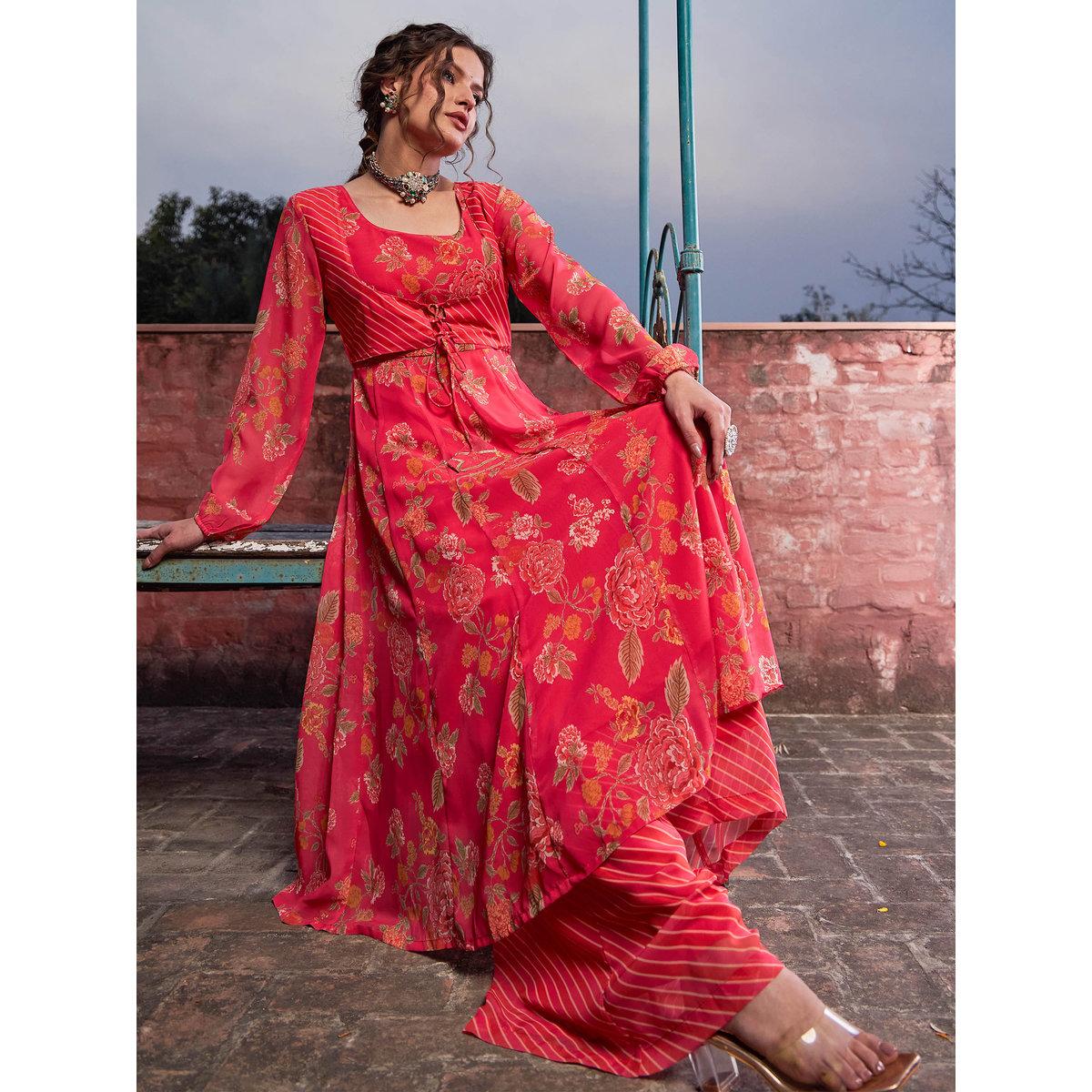 Shae by SASSAFRAS Pink Floral Front Yoke Anarkali Kurta with Palazzo Pants Set-women-clothing-ethnicwear-kurtasets-image-2