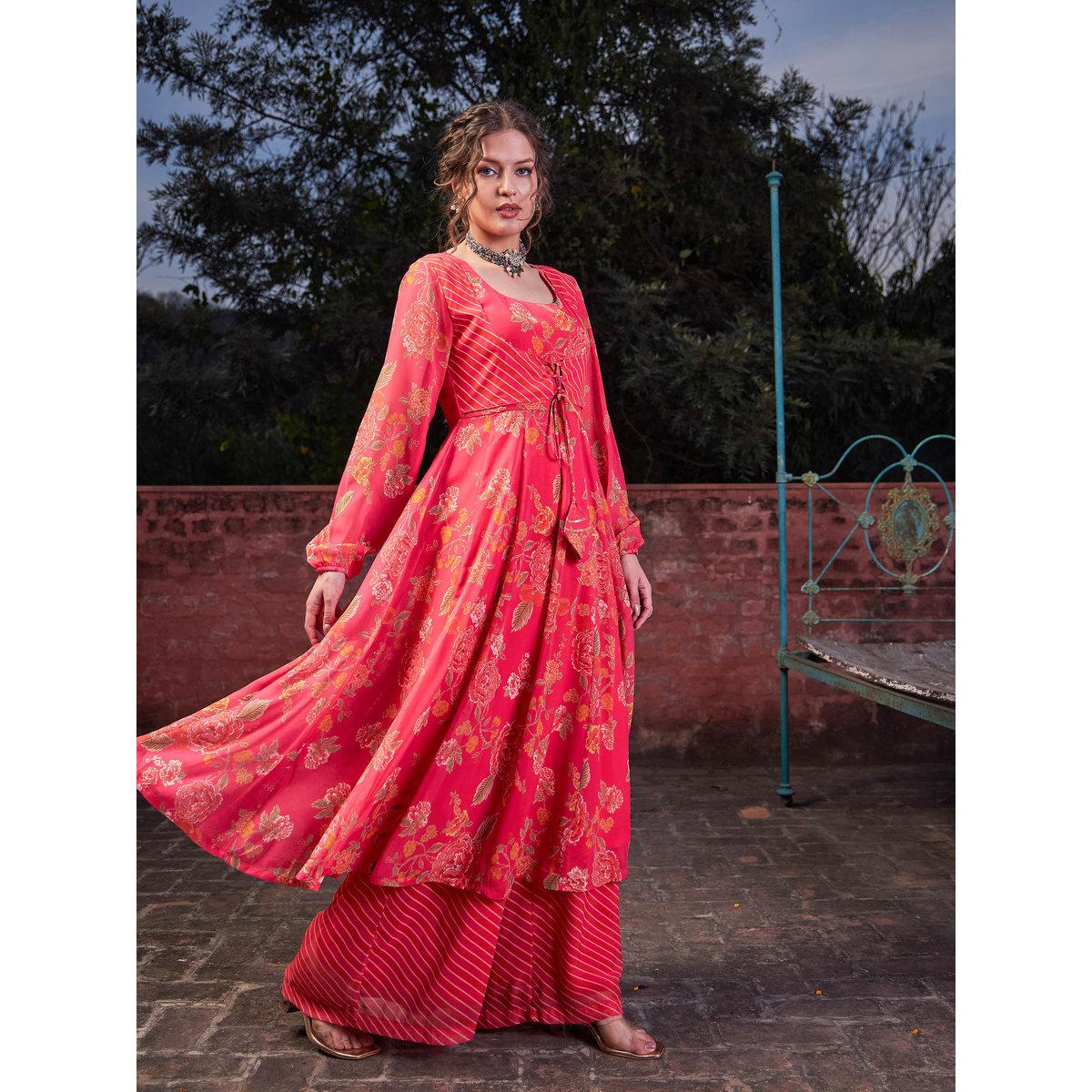 Shae by SASSAFRAS Pink Floral Front Yoke Anarkali Kurta with Palazzo Pants Set-women-clothing-ethnicwear-kurtasets-image-3