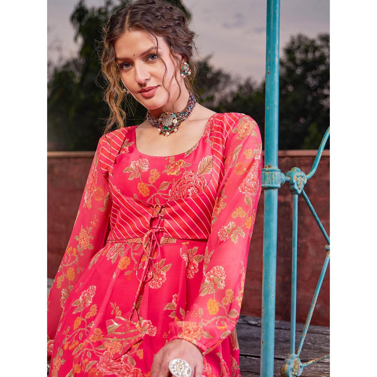 Shae by SASSAFRAS Pink Floral Front Yoke Anarkali Kurta with Palazzo Pants Set-women-clothing-ethnicwear-kurtasets-image-4