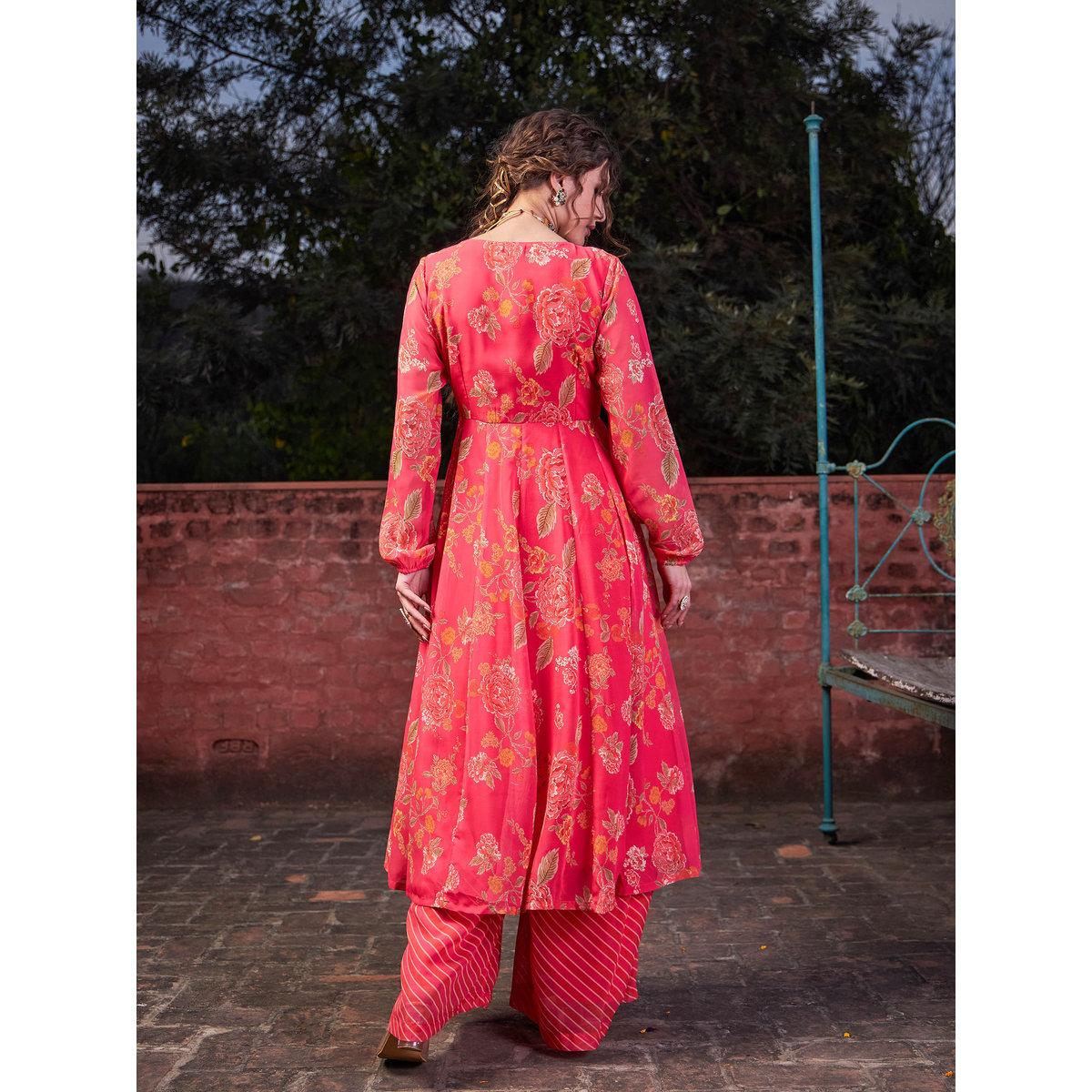 Shae by SASSAFRAS Pink Floral Front Yoke Anarkali Kurta with Palazzo Pants Set-women-clothing-ethnicwear-kurtasets-image-5