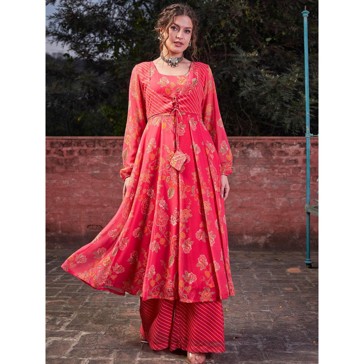 Shae by SASSAFRAS Pink Floral Front Yoke Anarkali Kurta with Palazzo Pants Set-women-clothing-ethnicwear-kurtasets-image-6