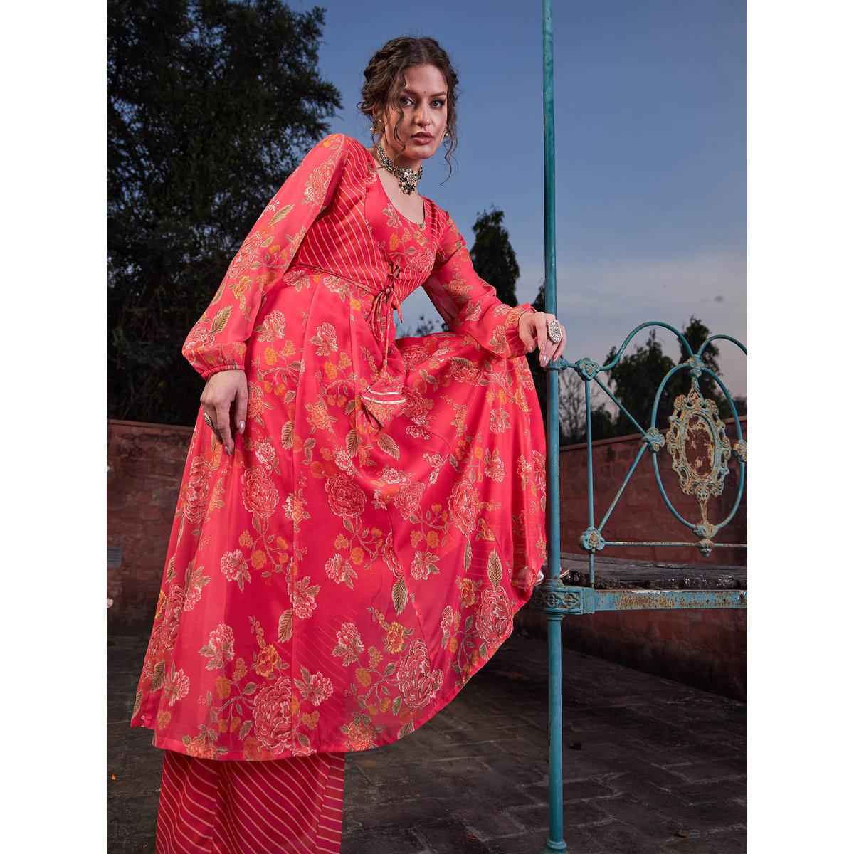 Shae by SASSAFRAS Pink Floral Front Yoke Anarkali Kurta with Palazzo Pants Set-women-clothing-ethnicwear-kurtasets-image-8