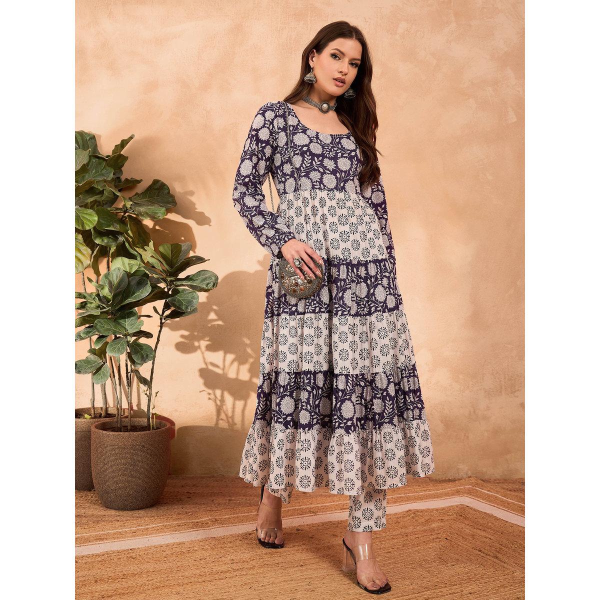 طقم من كورتا بتفاصيل كسرات مع بنطال-women-clothing-ethnicwear-kurtasets-image-1