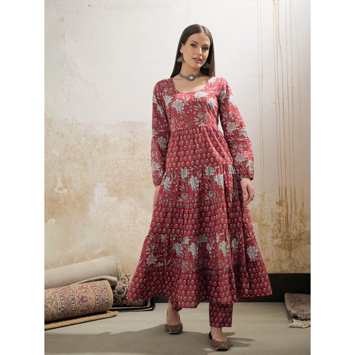 Shae by SASSAFRAS Maroon and White Cambric Tiered Kurta with Pencil Pants Set-women-clothing-ethnicwear-kurtasets-image-2